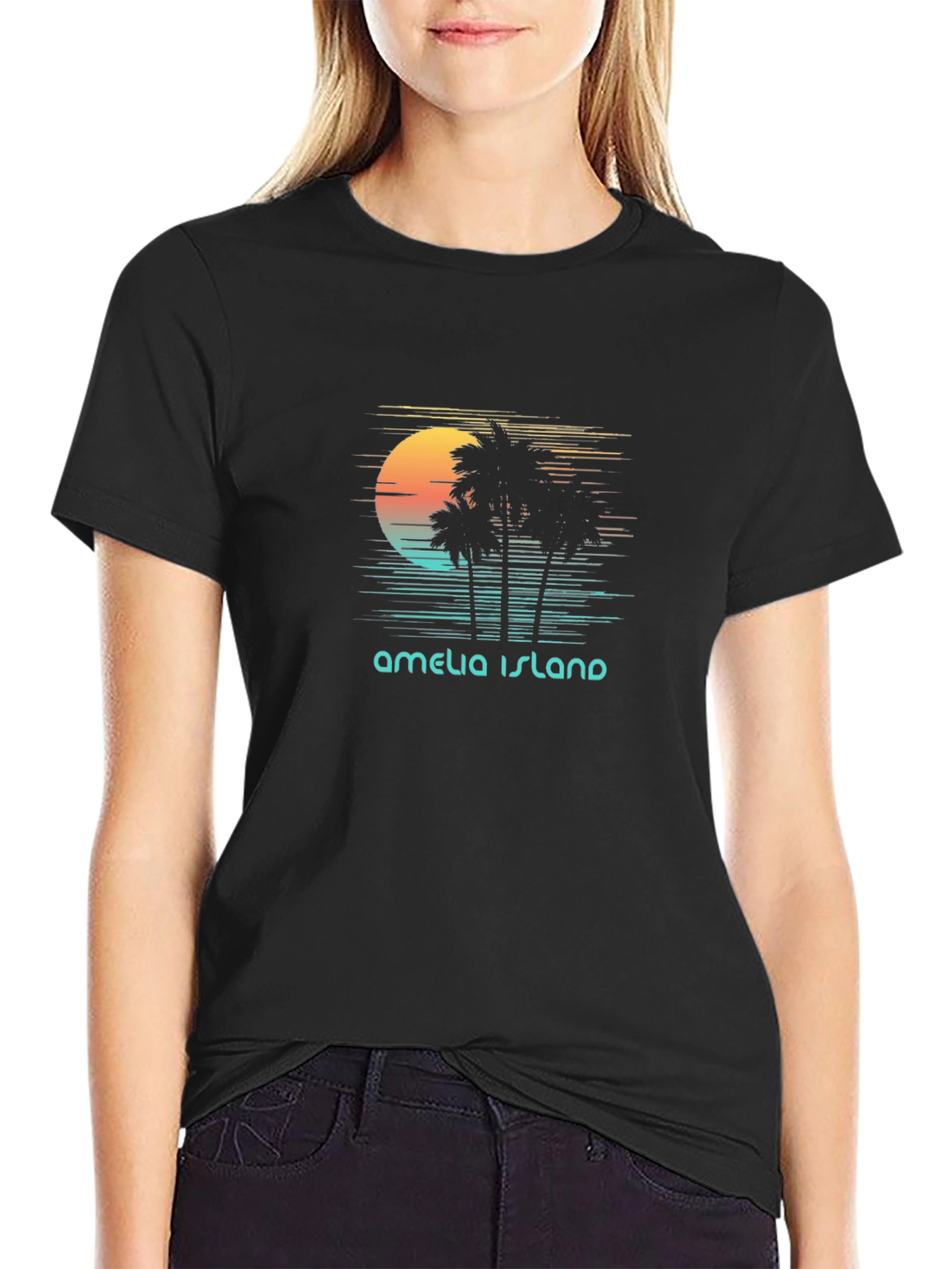 Amelia Island Retro Sunset Palm Tree T-Shirt