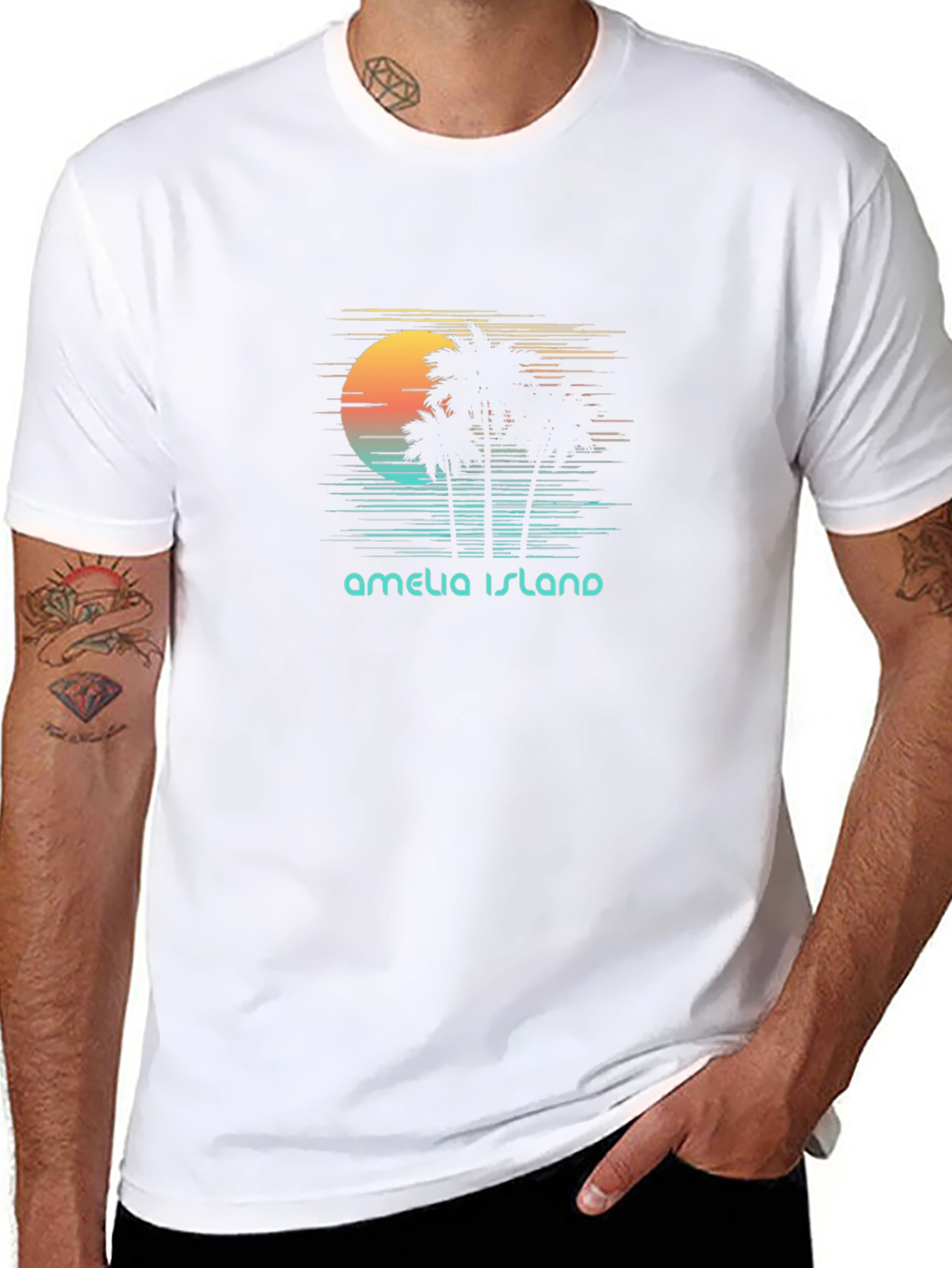 Amelia Island Retro Sunset Palm Tree T-Shirt
