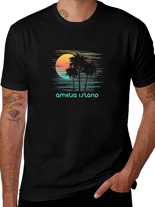 Amelia Island Retro Sunset Palm Tree T-Shirt