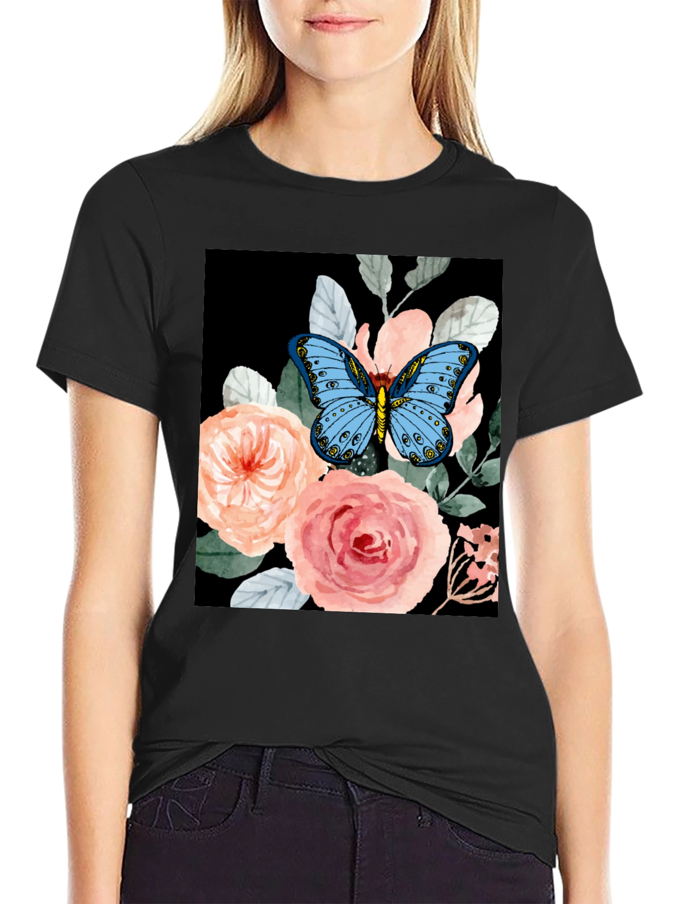 Butterfly Floral Graphic Tee - Black