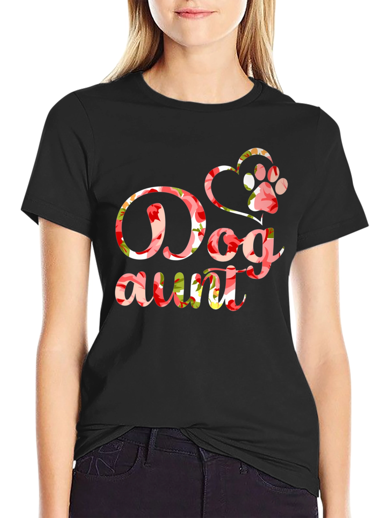 Dog Aunt Floral Graphic T-Shirt - Black