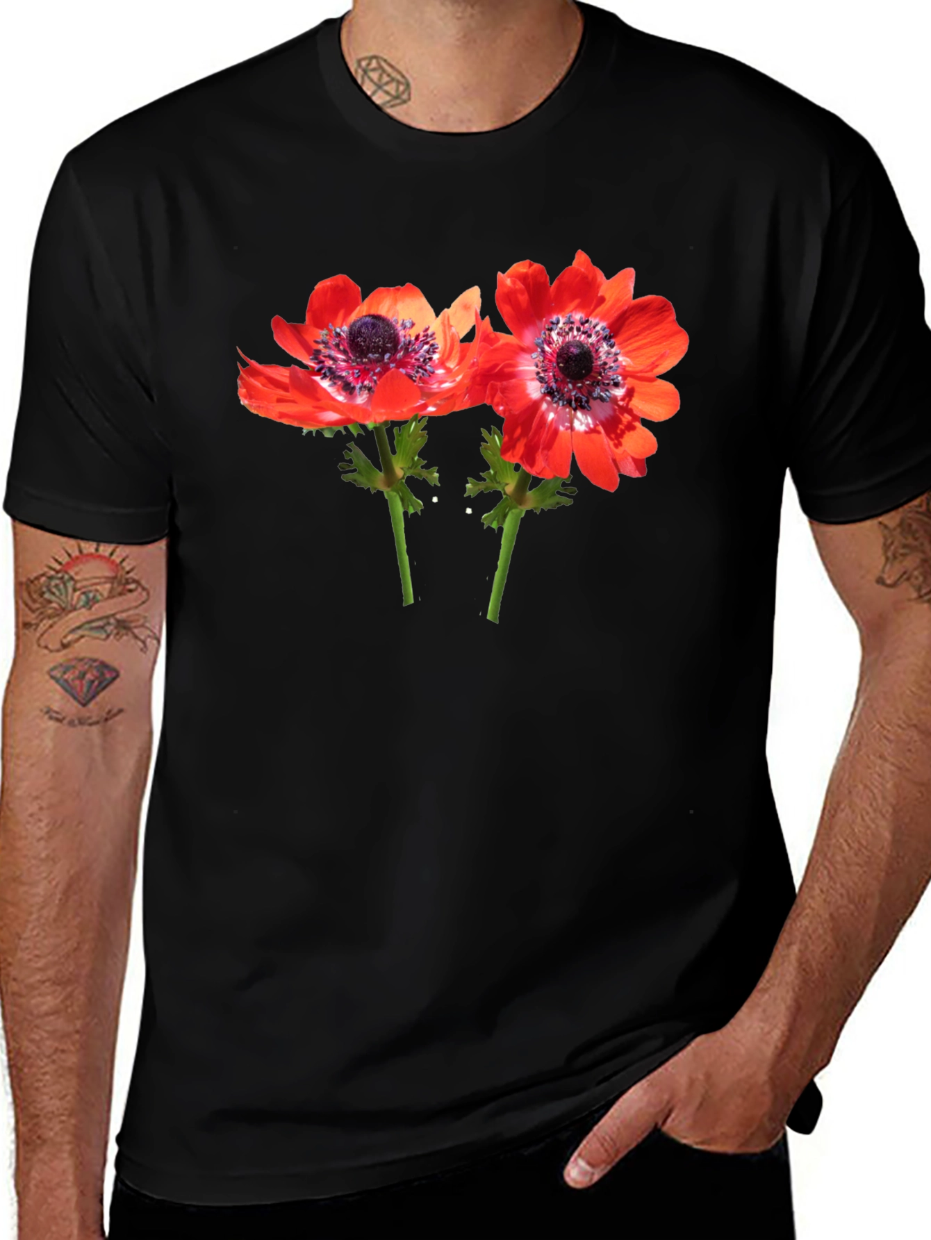 Floral Print Mens Black T-Shirt