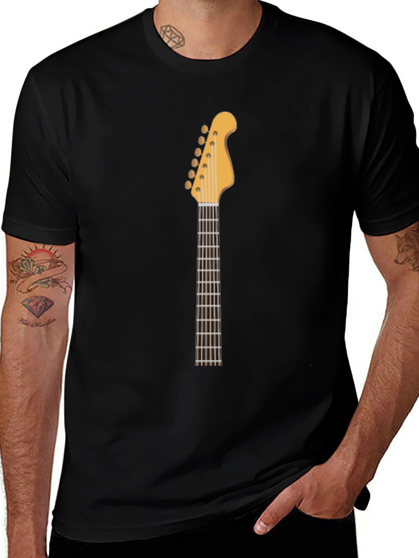 Guitar Neck Graphic Tee - Black Cotton T-Shirt