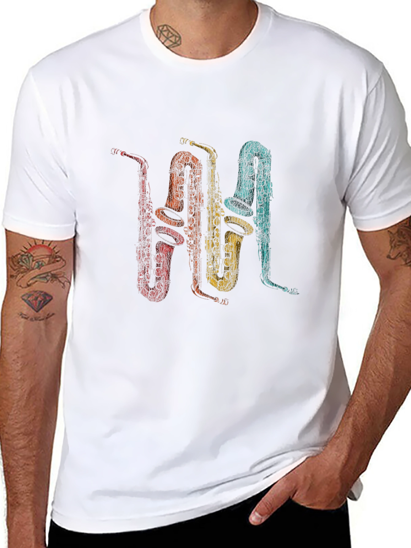 Retro Saxophone Print T-Shirt - Music Lover Tee