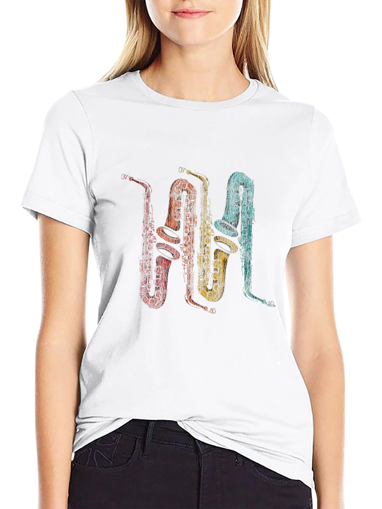 Retro Saxophone Print T-Shirt - Music Lover Tee