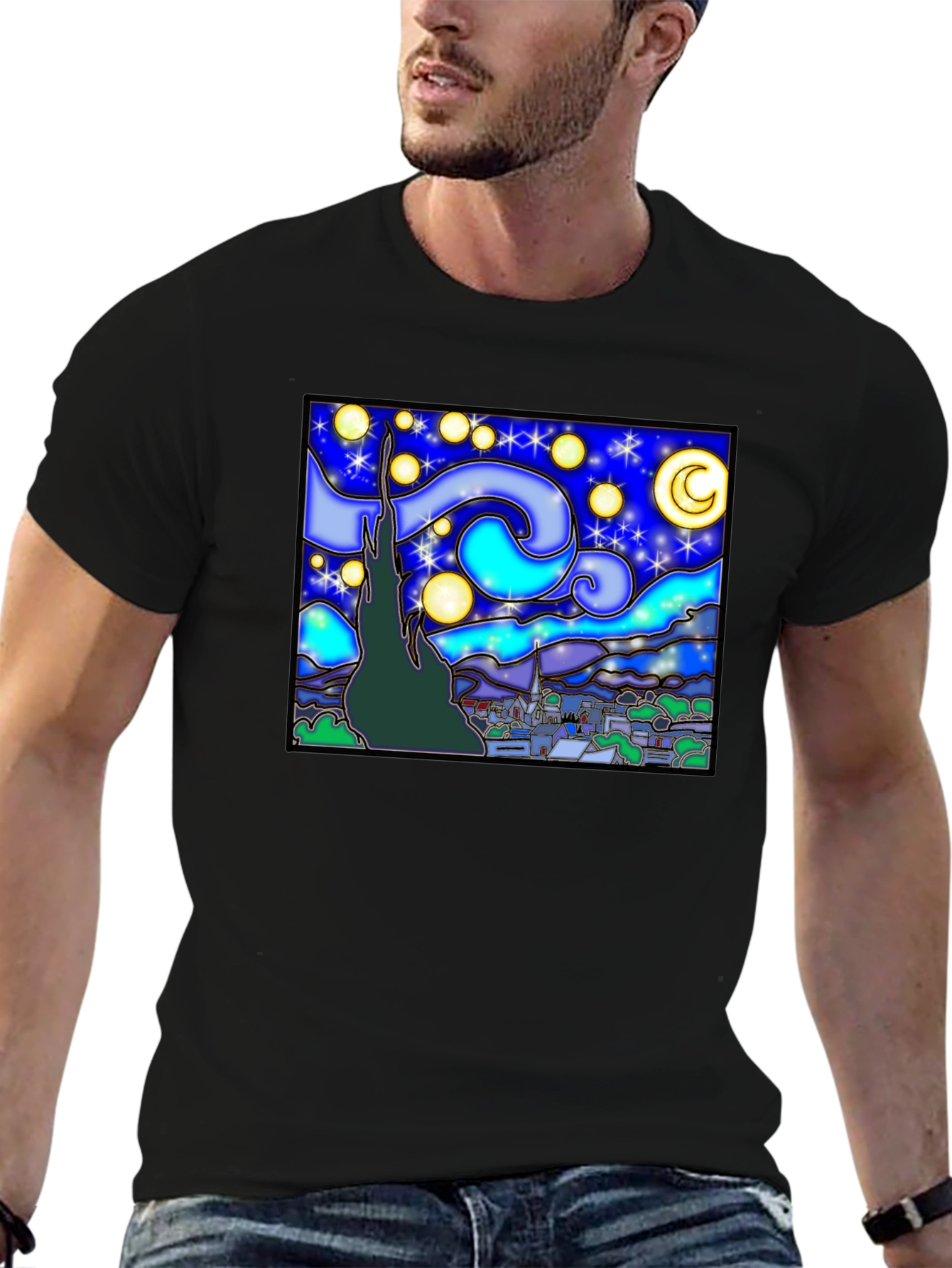 Starry Night Art Graphic Print Black T-Shirt