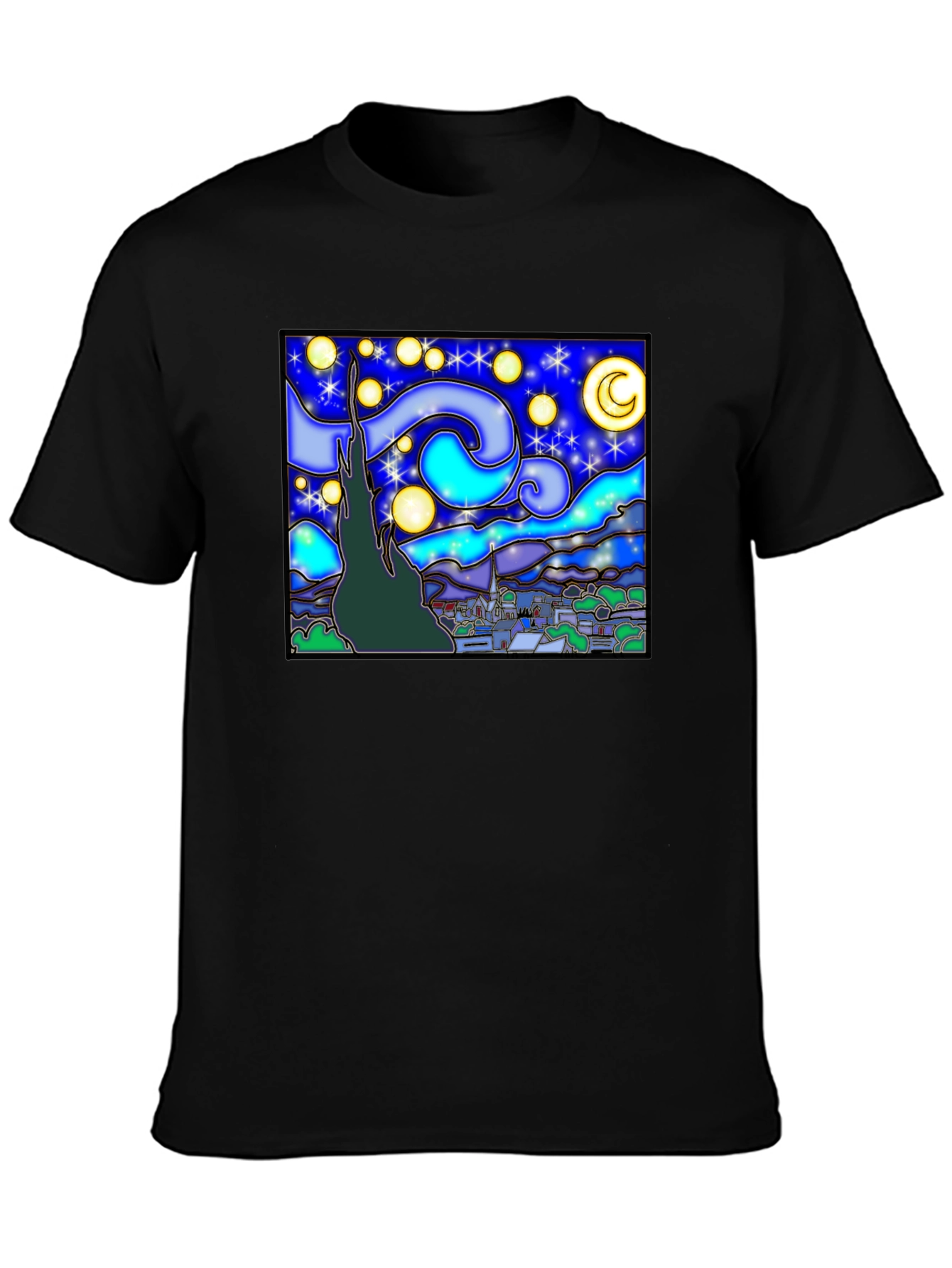 Starry Night Art Graphic Print Black T-Shirt