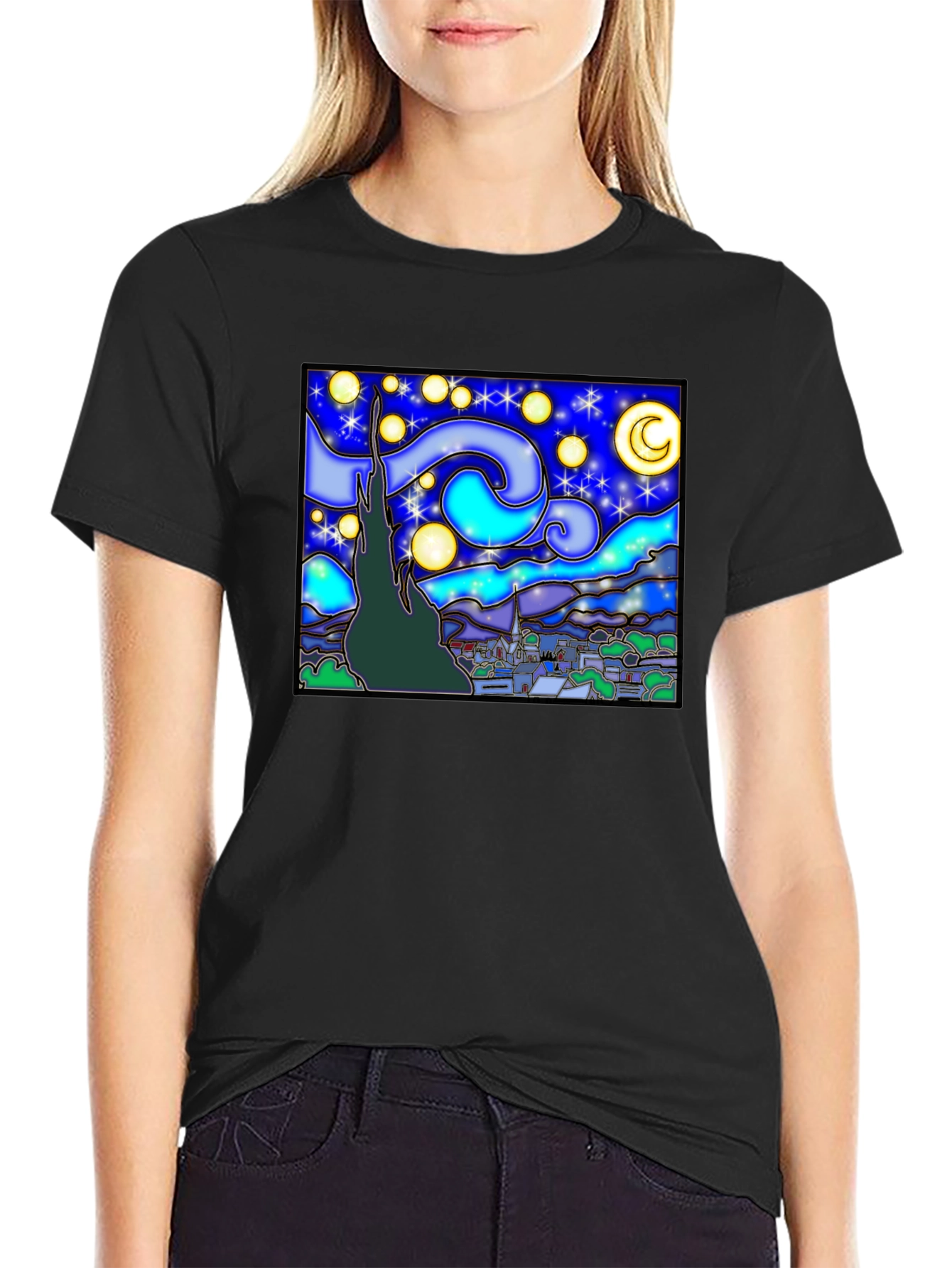 Starry Night Art Graphic Print Black T-Shirt