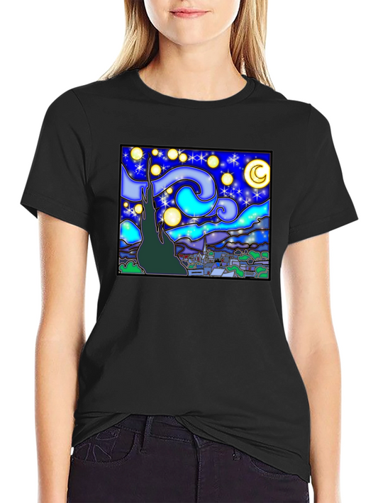 Starry Night Art Graphic Print Black T-Shirt
