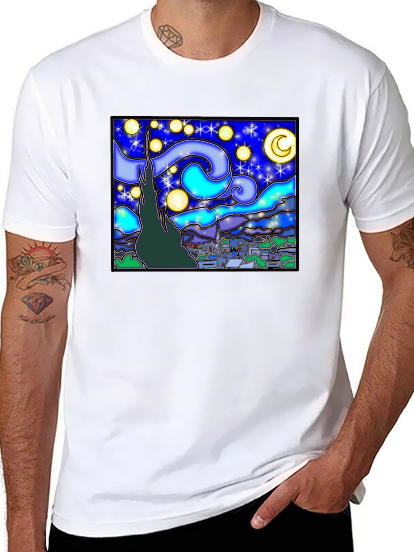 Starry Night Art Graphic Print Black T-Shirt