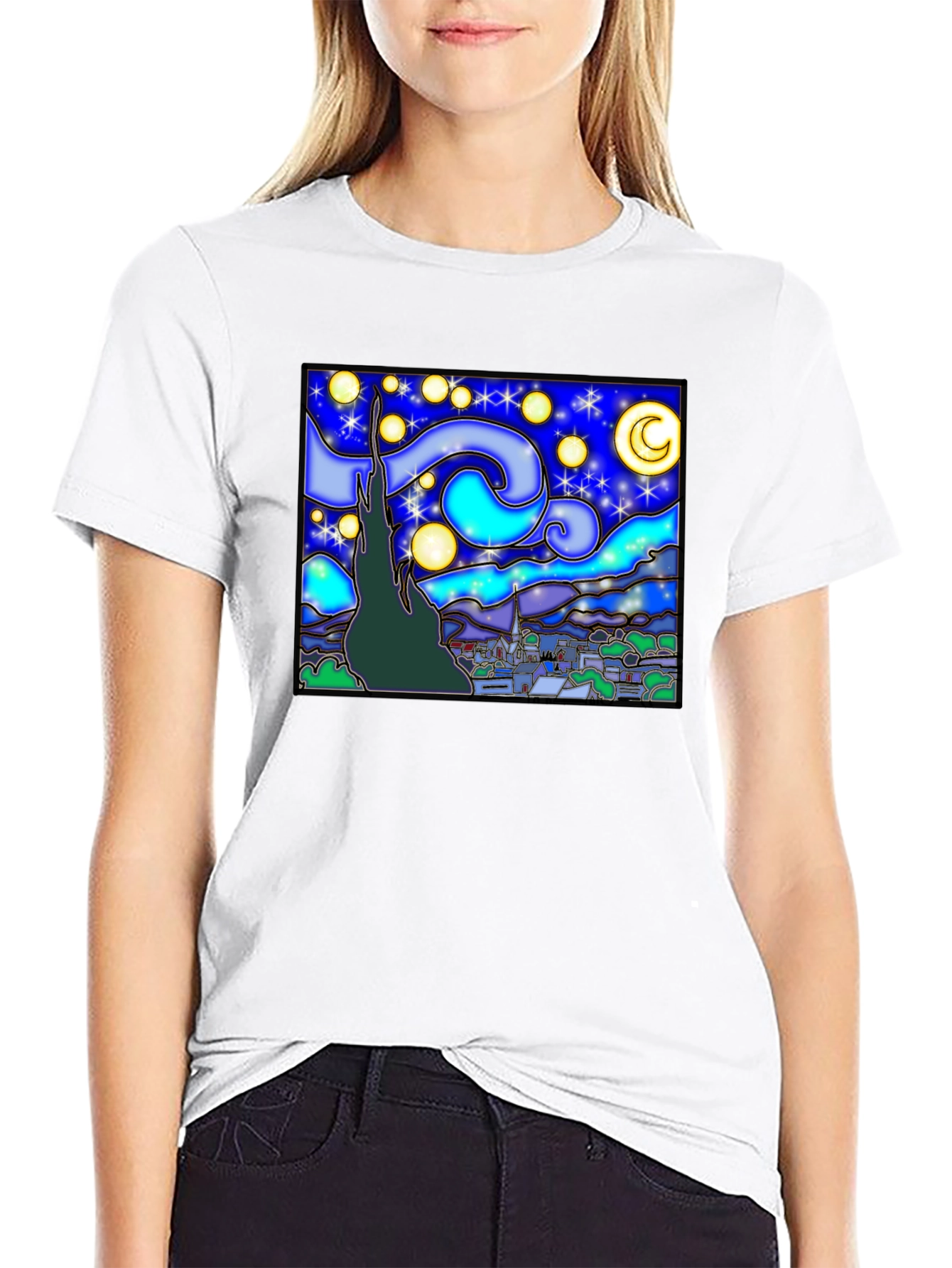 Starry Night Art Graphic Print Black T-Shirt