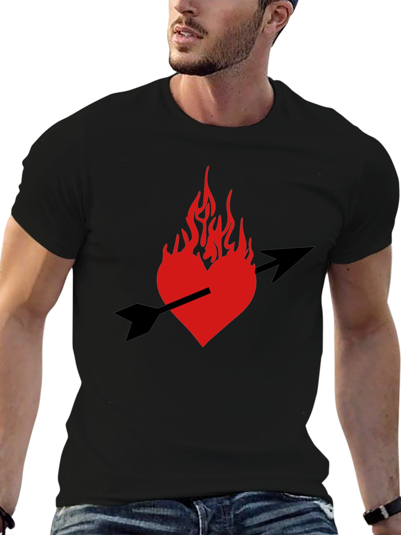 Burning Heart Arrow Graphic Black T-Shirt