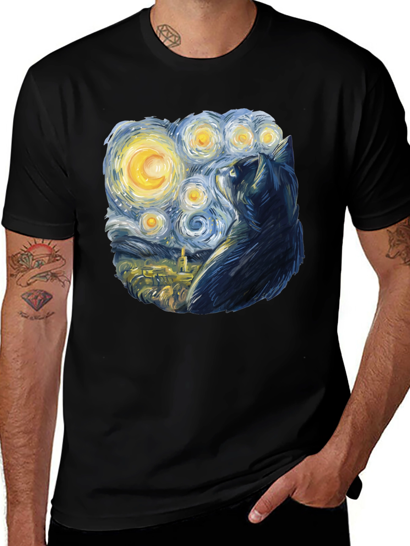 Starry Night Cat T-Shirt - Black Cotton Blend