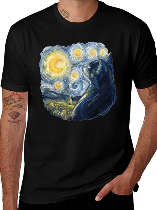 Starry Night Cat T-Shirt - Black Cotton Blend
