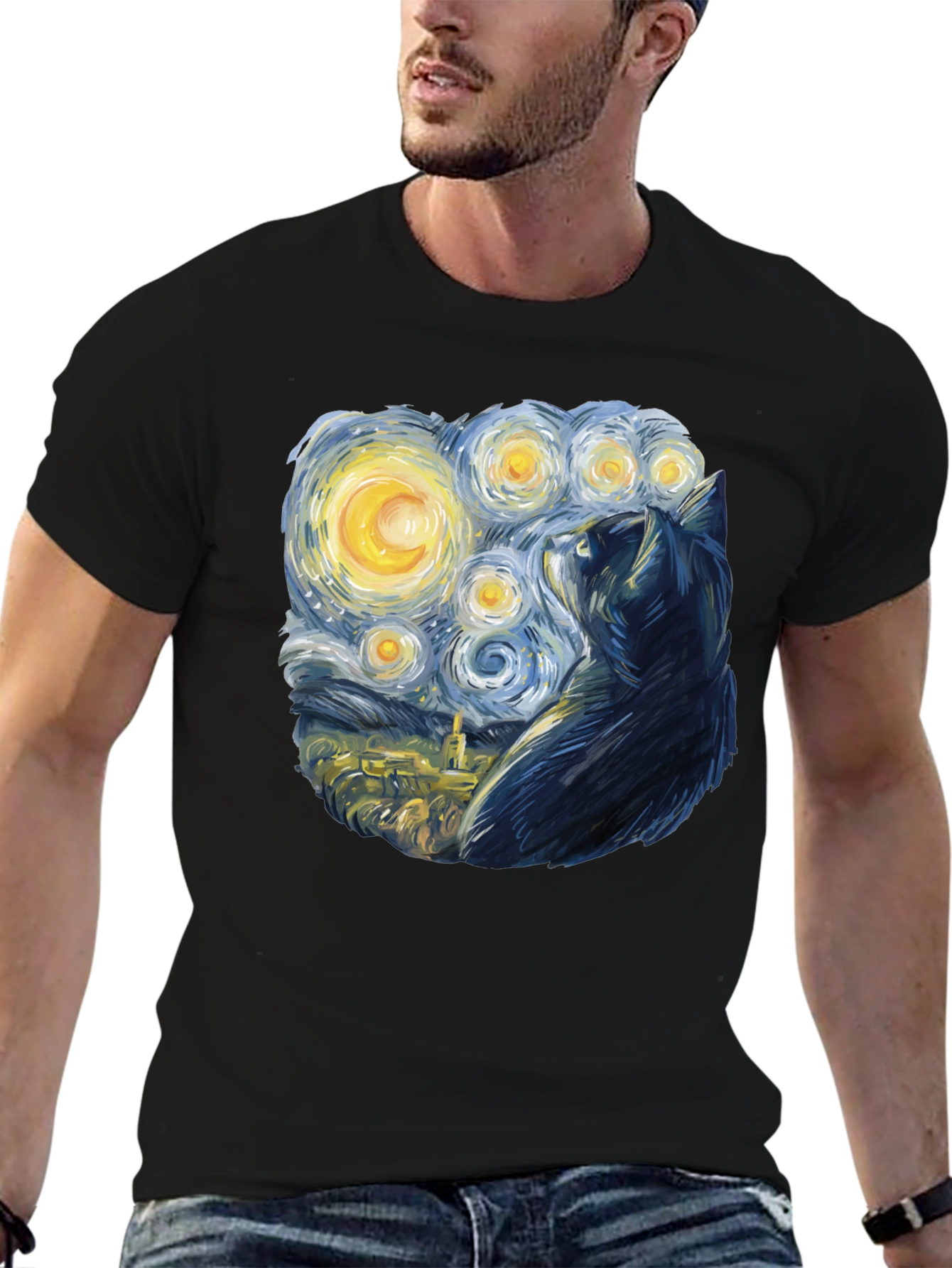 Starry Night Cat T-Shirt - Black Cotton Blend