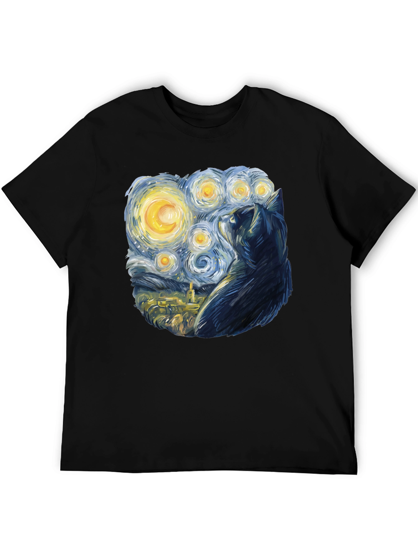 Starry Night Cat T-Shirt - Black Cotton Blend