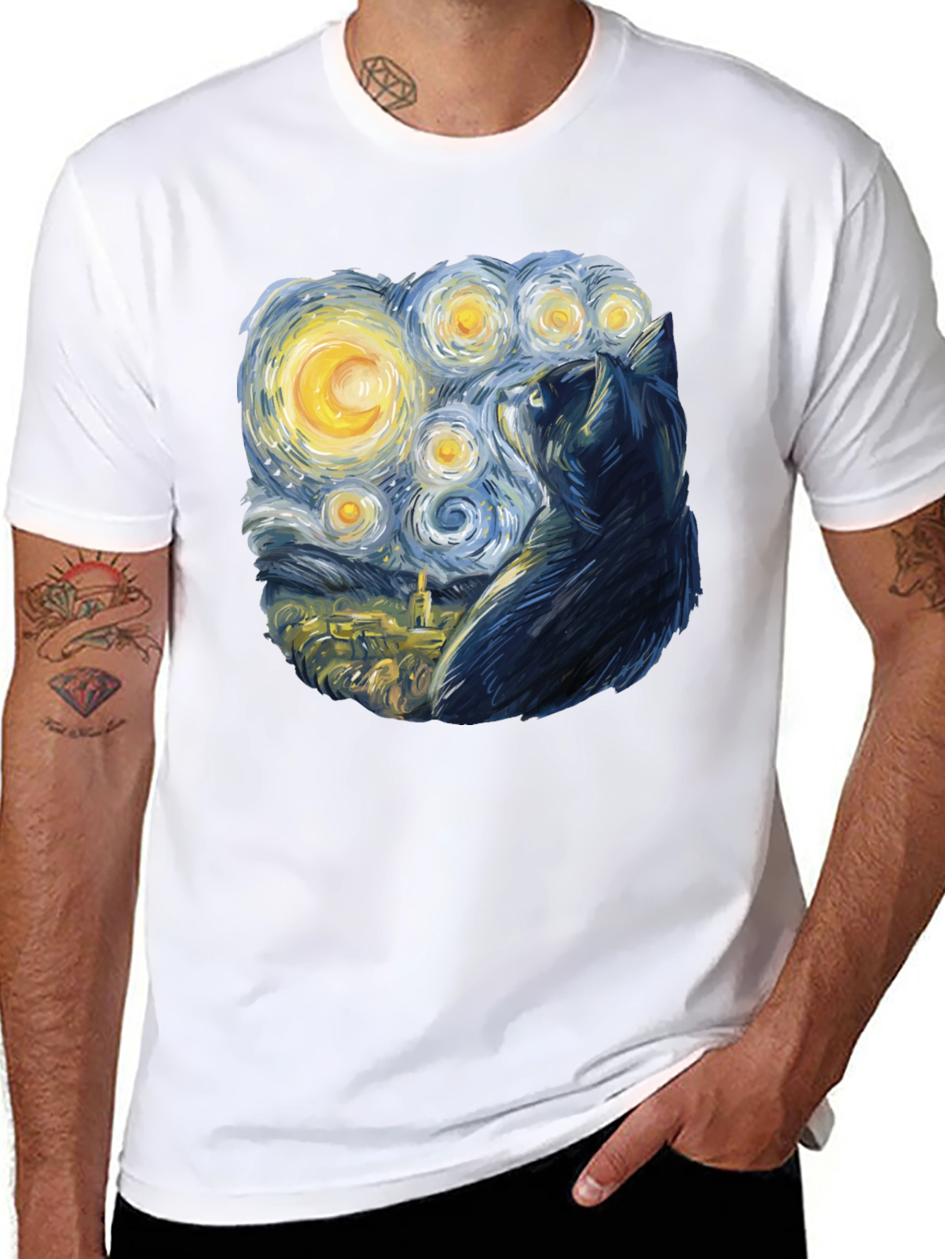 Starry Night Cat T-Shirt - Black Cotton Blend