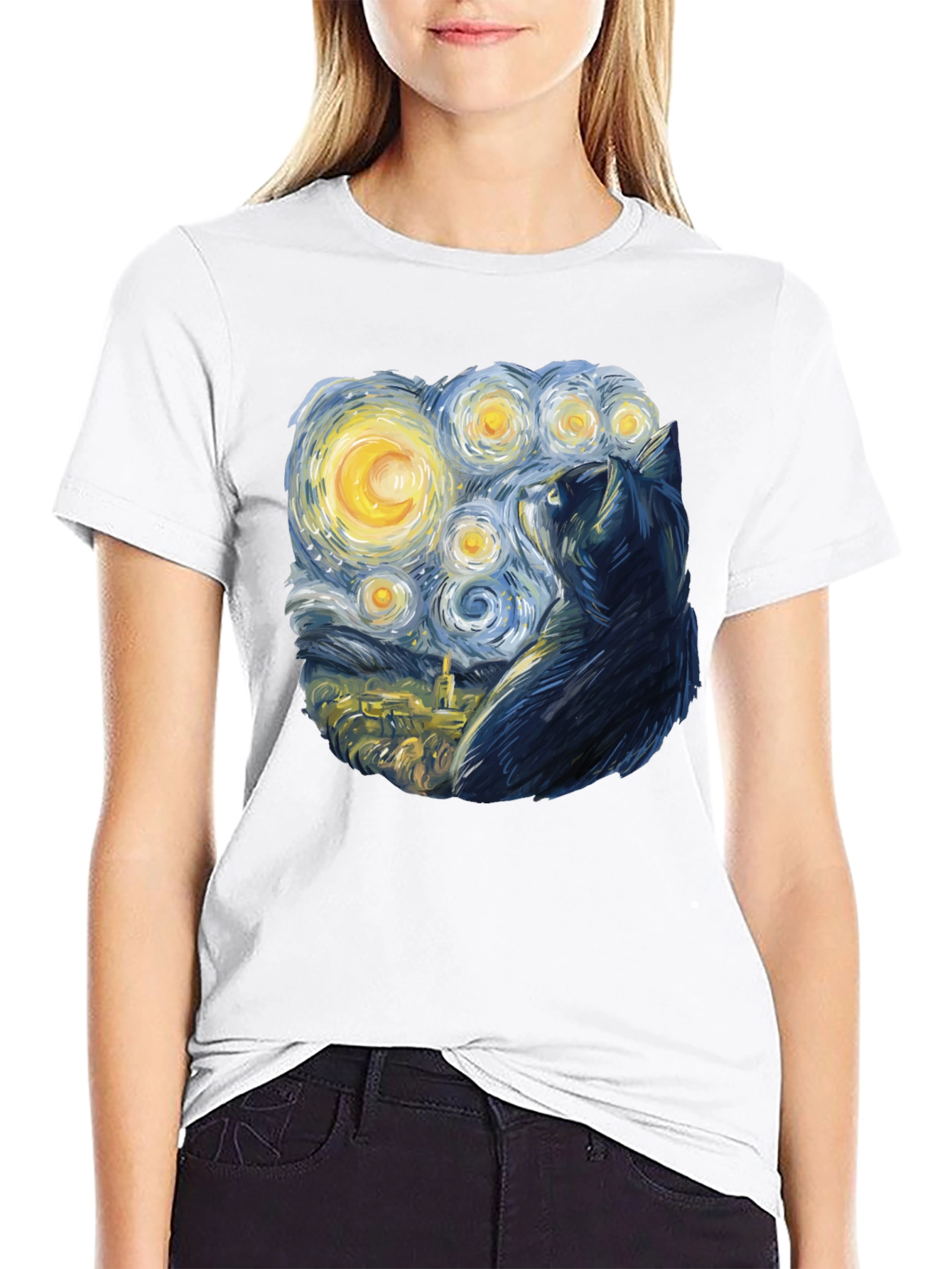 Starry Night Cat T-Shirt - Black Cotton Blend