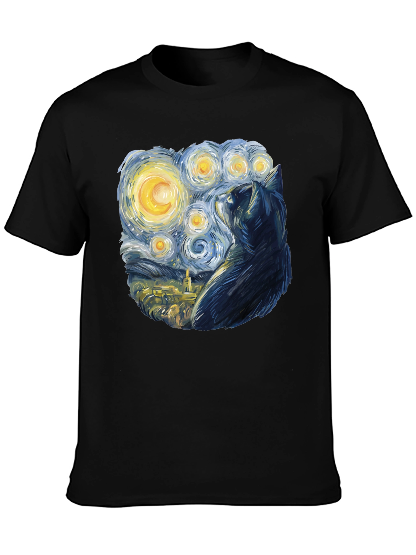 Starry Night Cat T-Shirt - Black Cotton Blend