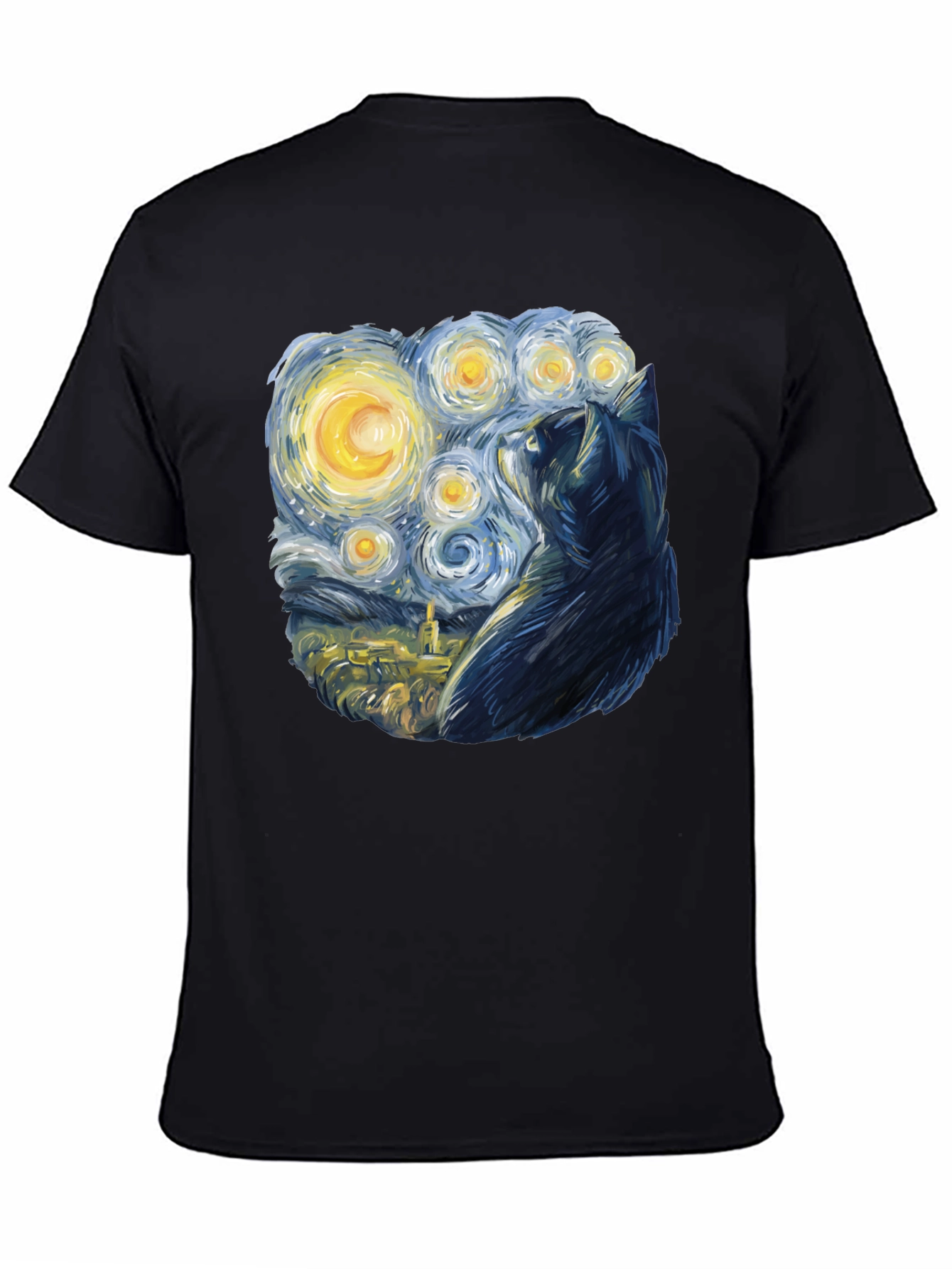 Starry Night Cat T-Shirt - Black Cotton Blend
