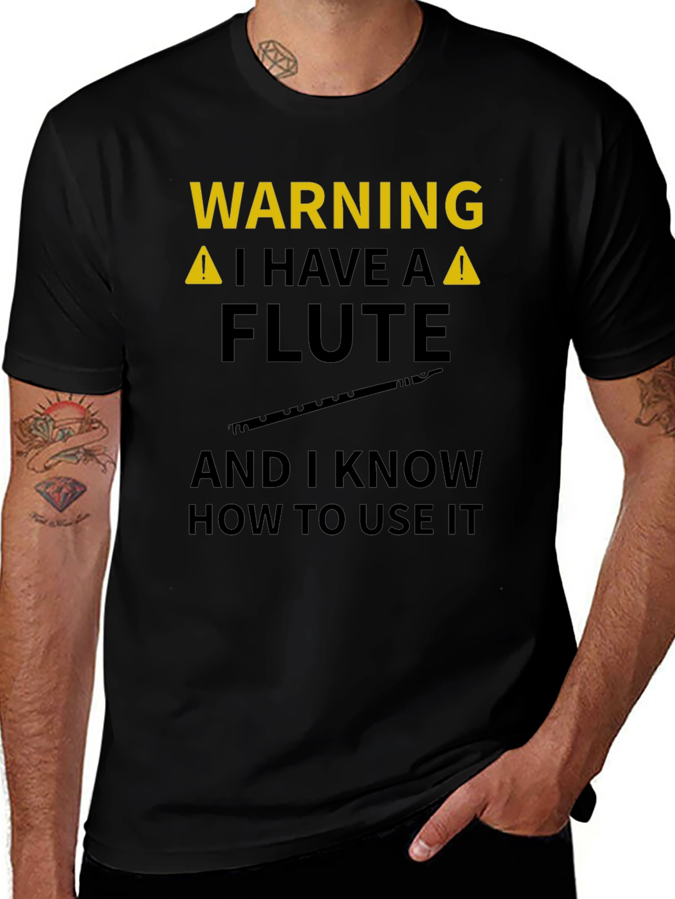 Warning Flute Player Black Graphic Tee