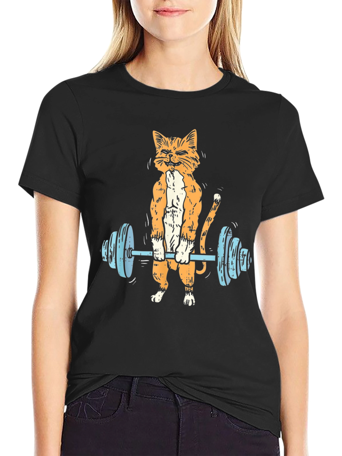 Weightlifting Cat Graphic Tee - Black