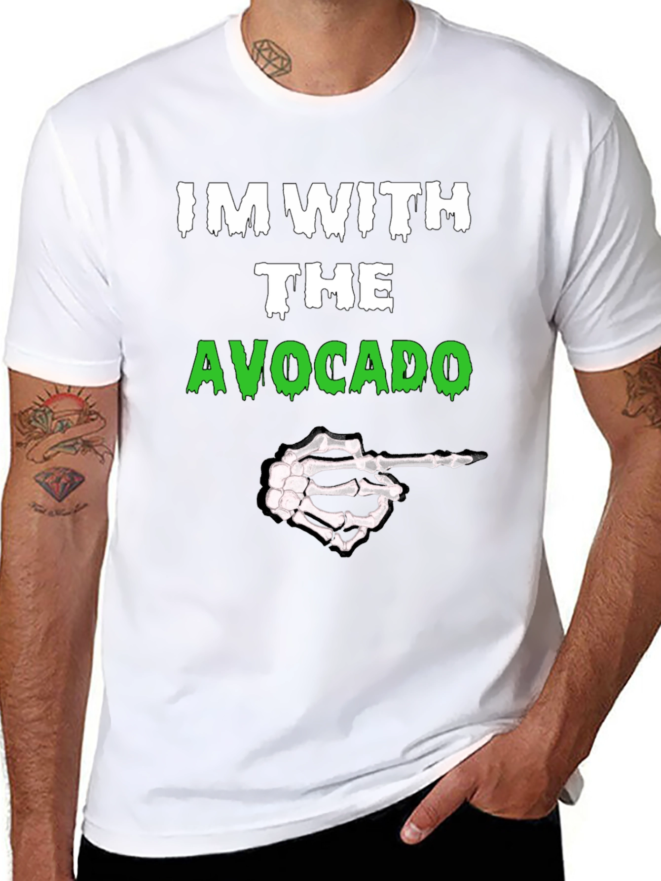 Im With The Avocado Funny Halloween Skeleton Hand T-Shirt