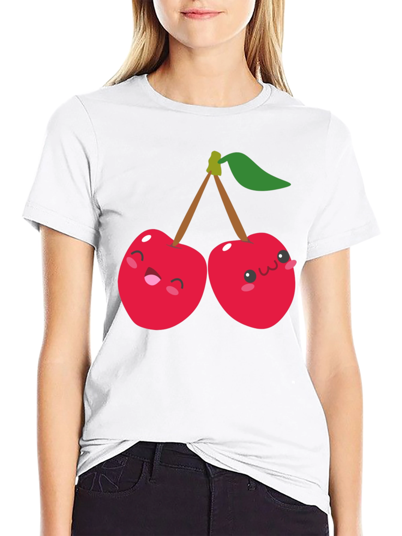 Cute Cherry Cartoon Graphic Black T-Shirt