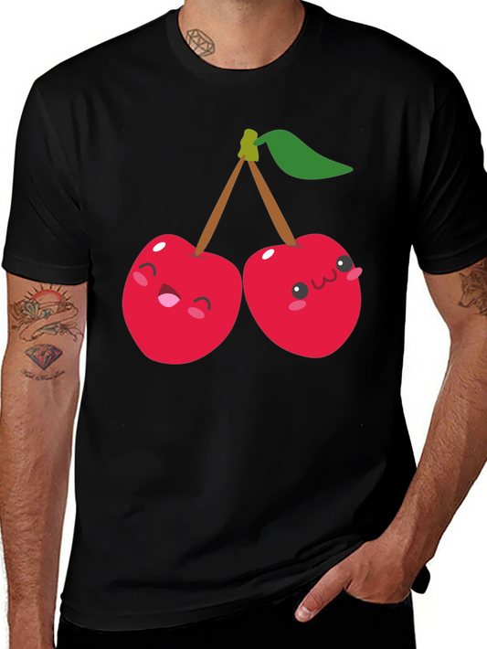 Cute Cherry Cartoon Graphic Black T-Shirt