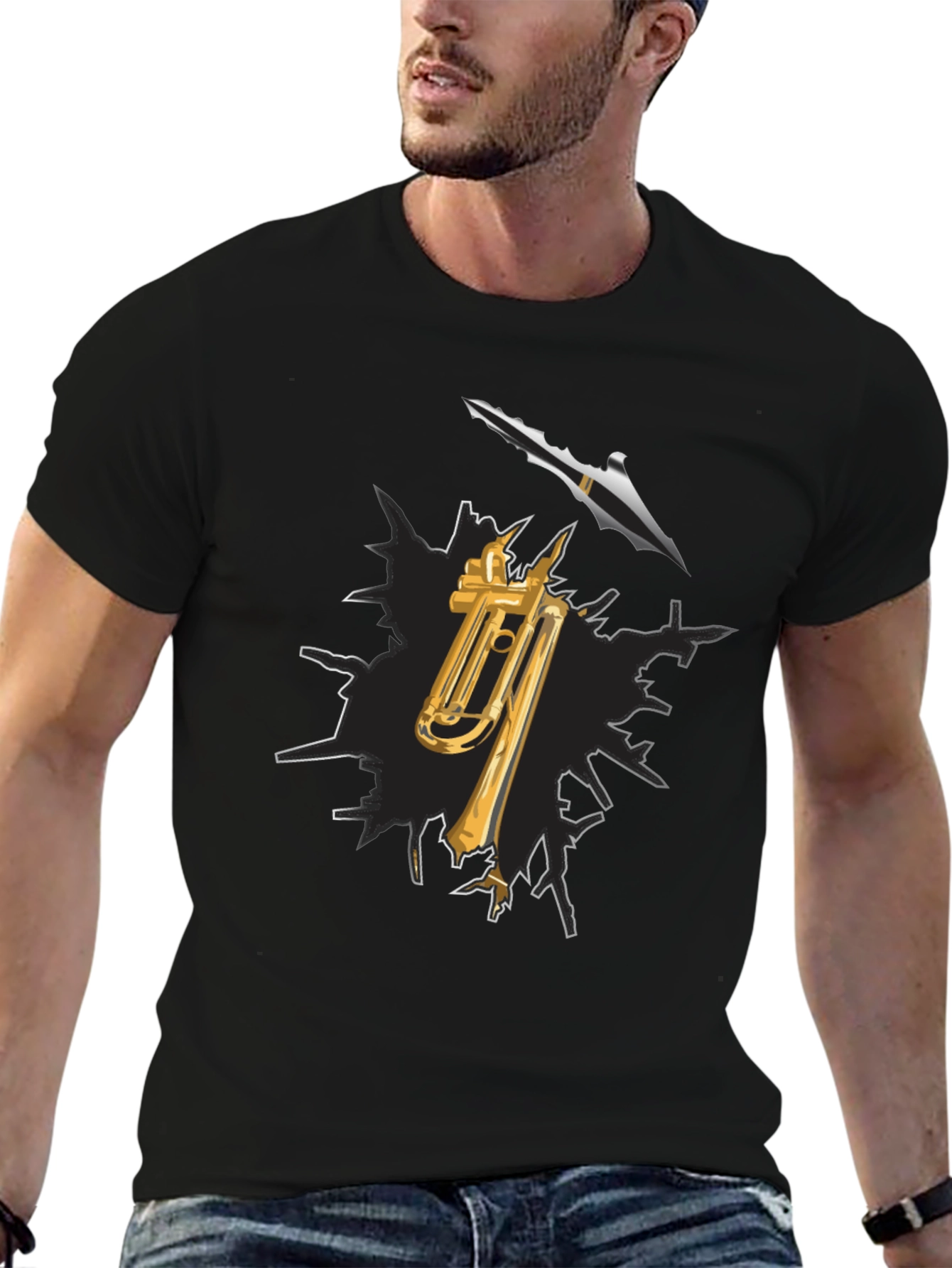 Trumpet and Spear Graphic Black T-Shirt