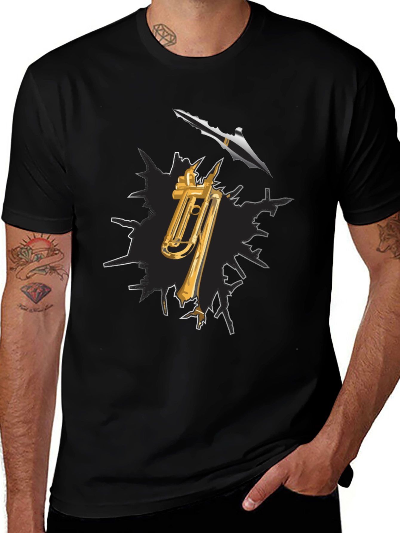 Trumpet and Spear Graphic Black T-Shirt