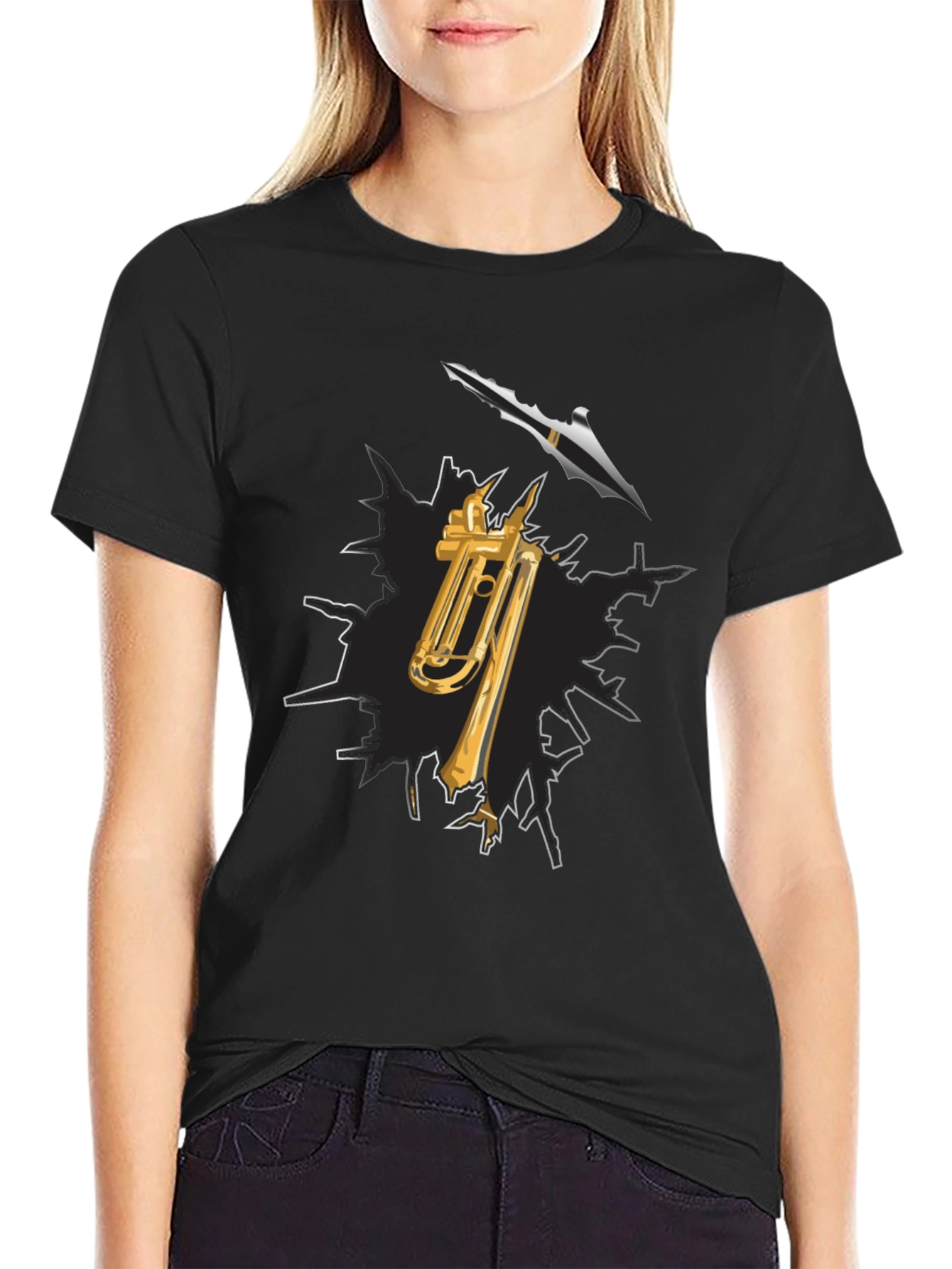 Trumpet and Spear Graphic Black T-Shirt