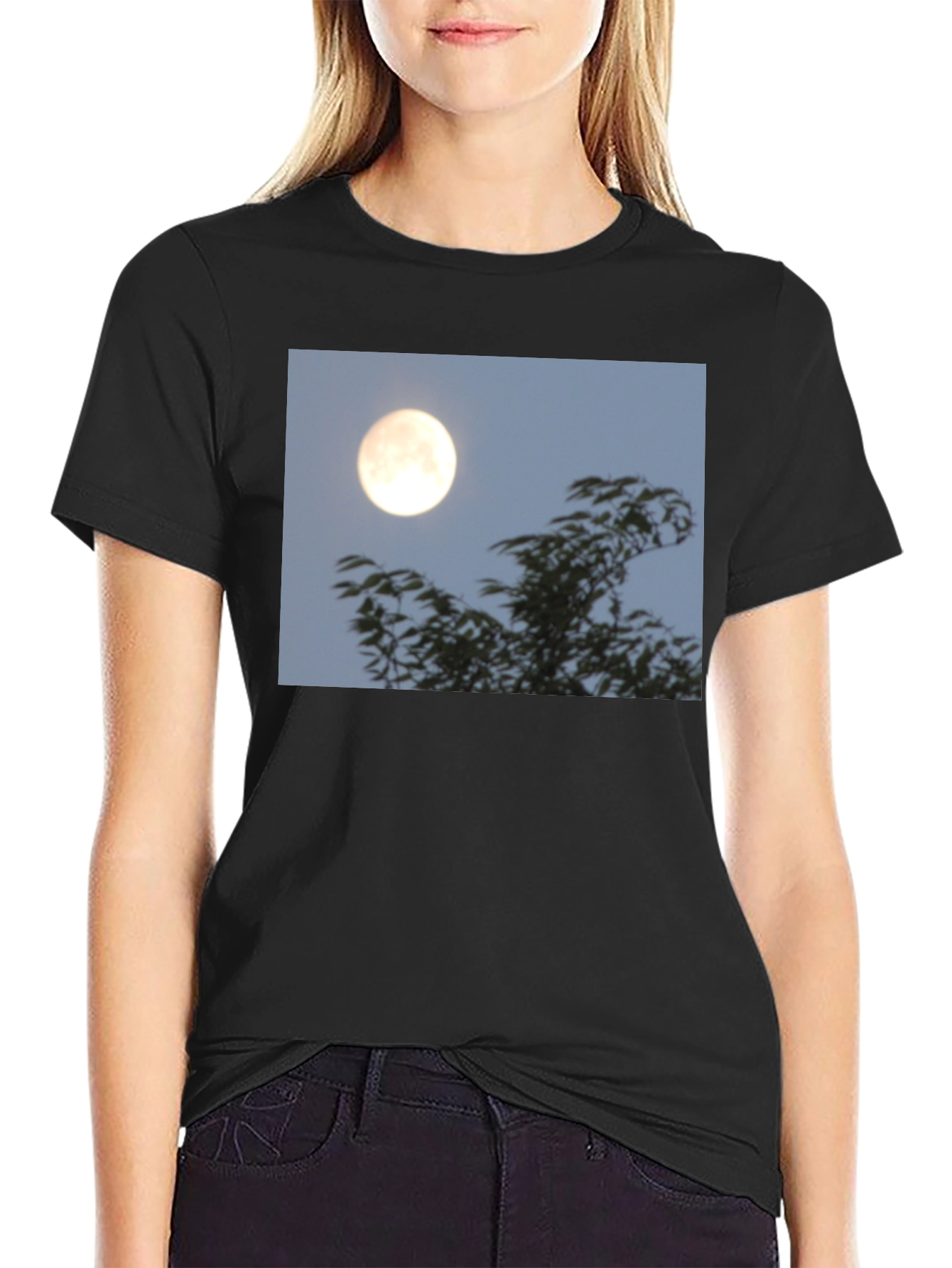 Moonlit Trees Graphic Tee - Black Cotton T-Shirt