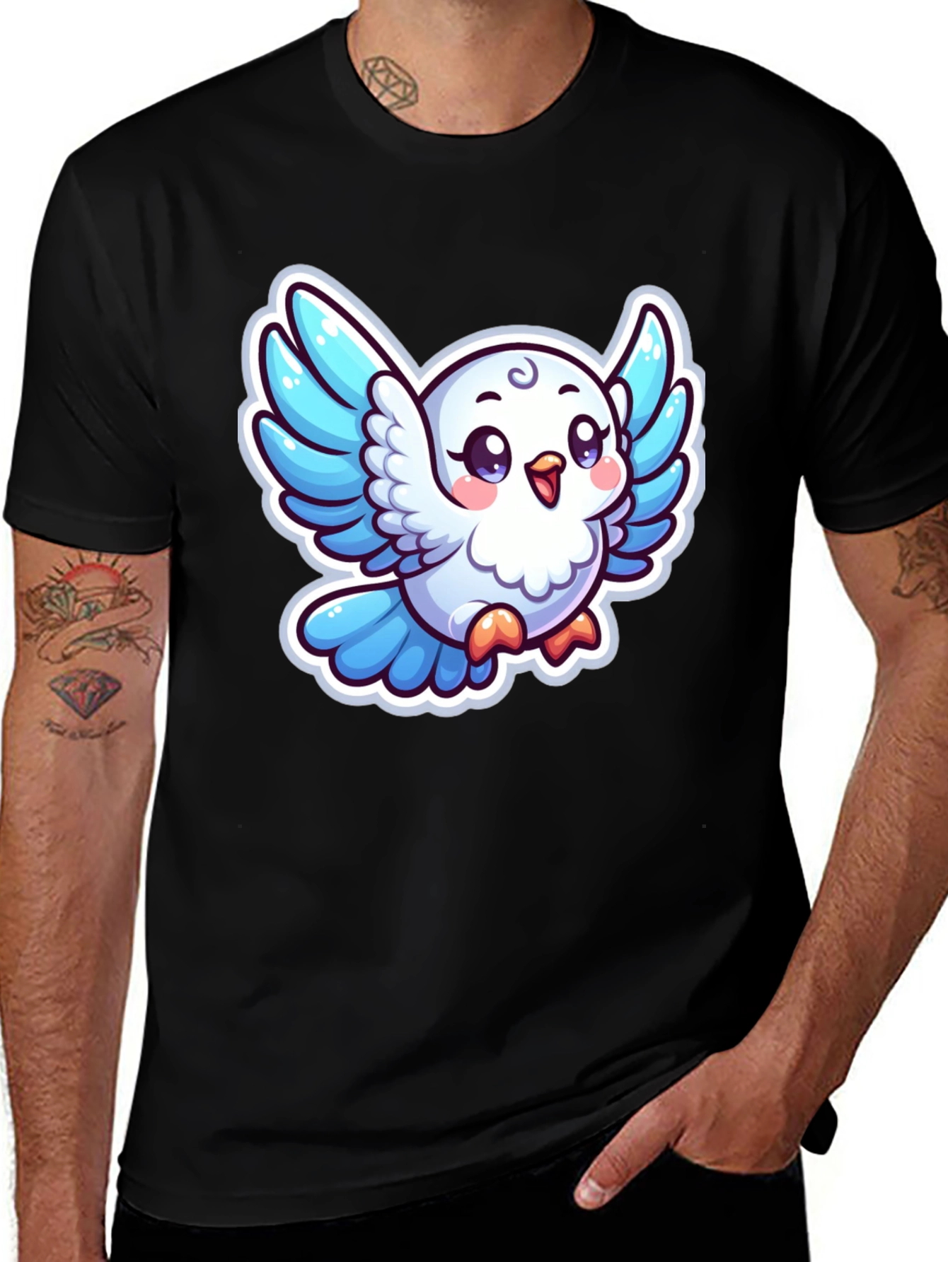 Cute Cartoon Bird Graphic T-Shirt - Black
