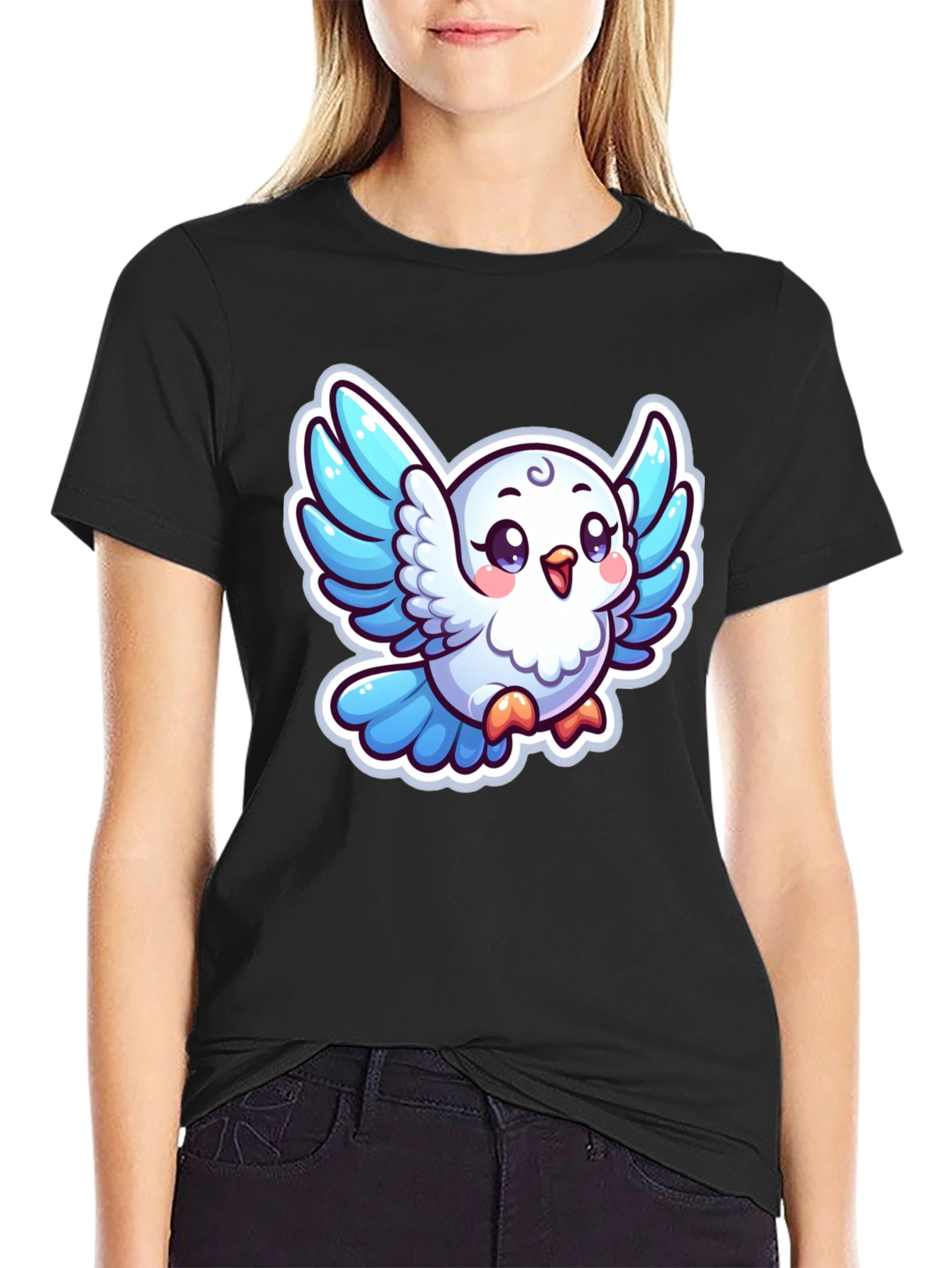 Cute Cartoon Bird Graphic T-Shirt - Black
