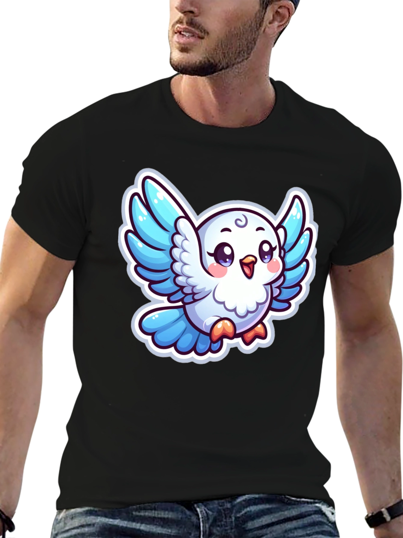 Cute Cartoon Bird Graphic T-Shirt - Black