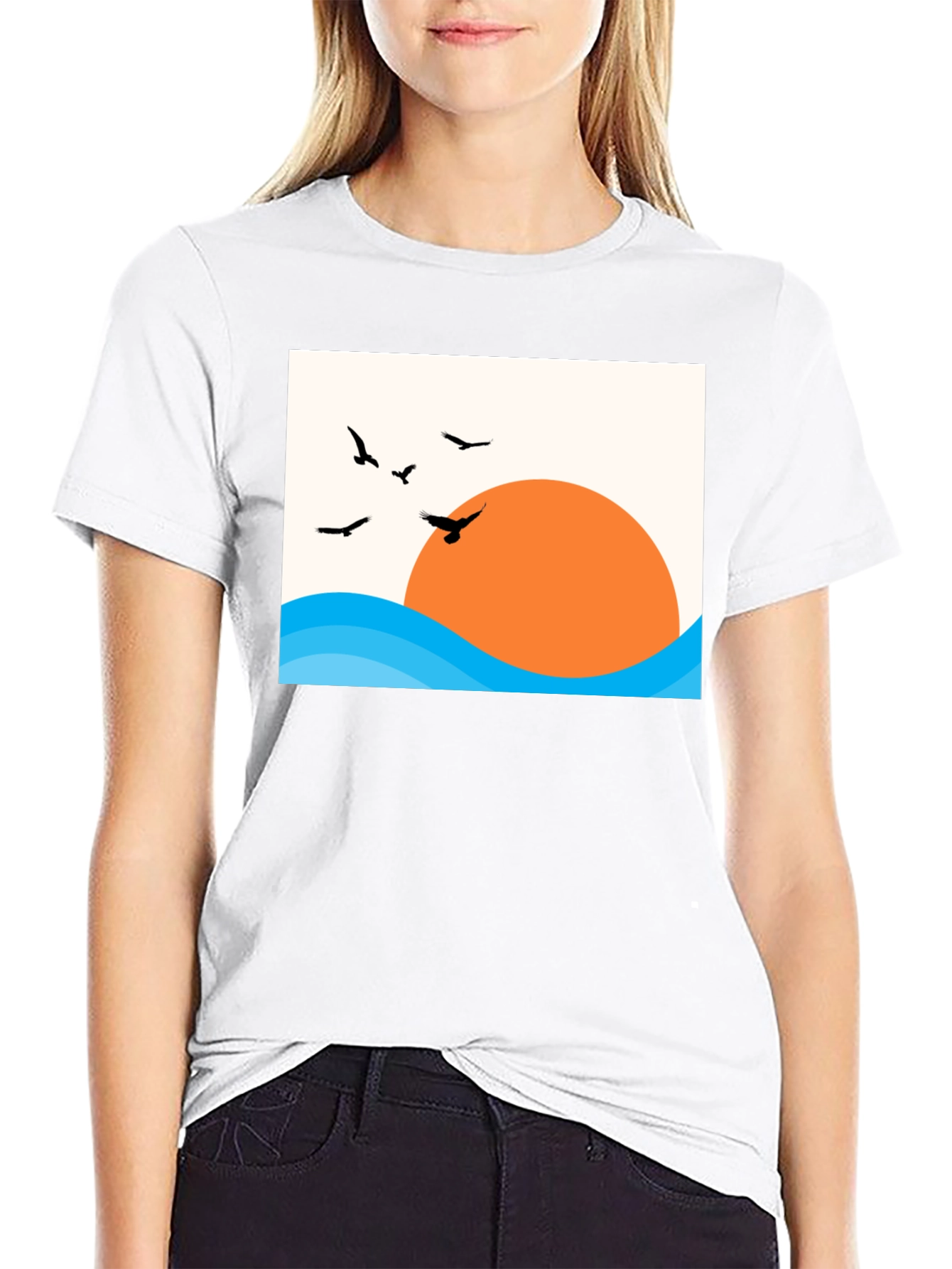 Sunset Birds Graphic Tee - Casual Black T-Shirt