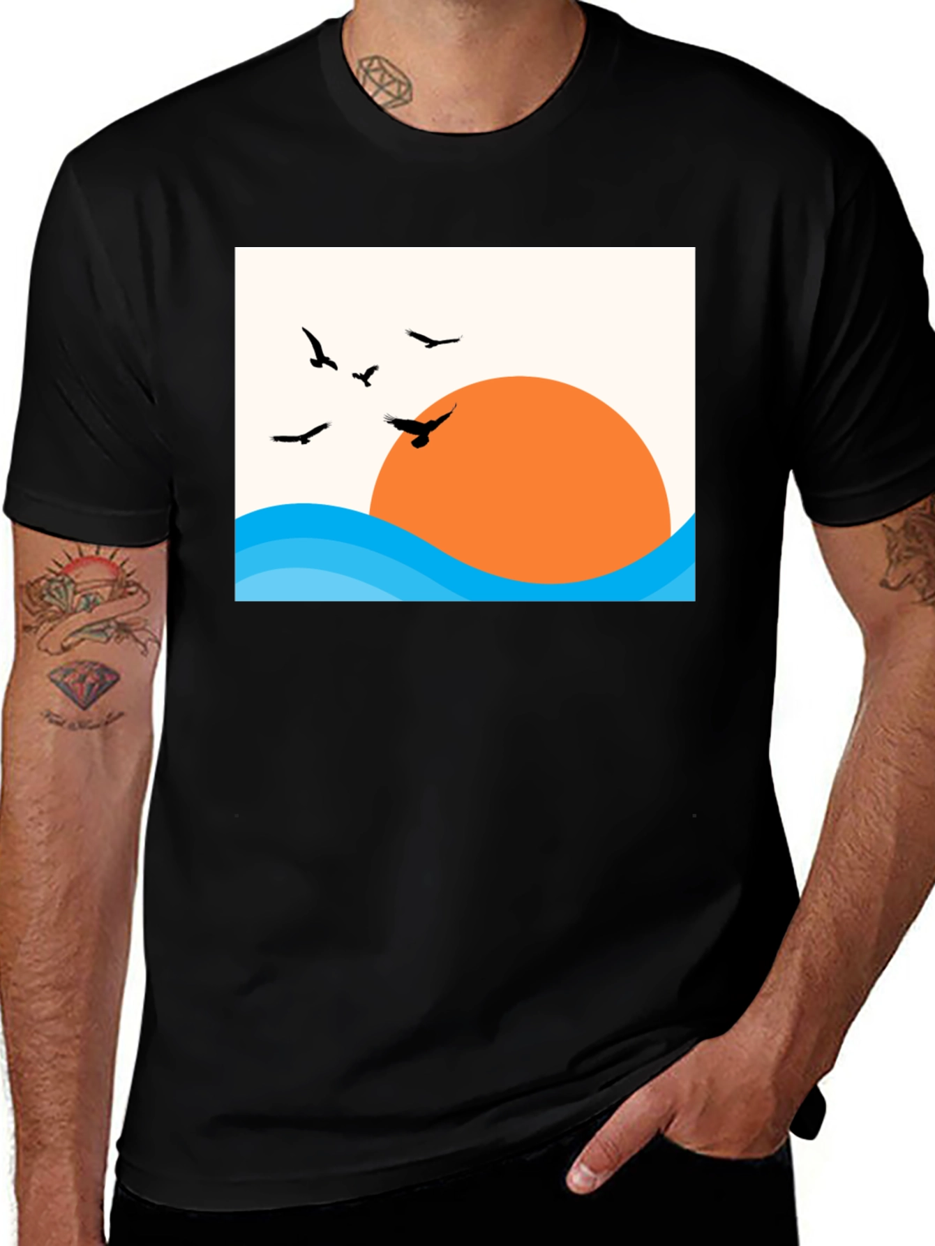 Sunset Birds Graphic Tee - Casual Black T-Shirt