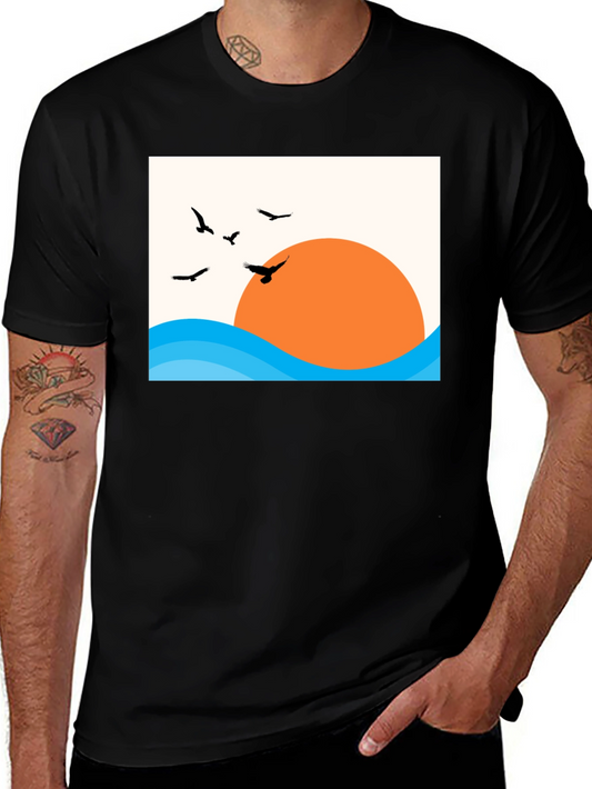 Sunset Birds Graphic Tee - Casual Black T-Shirt
