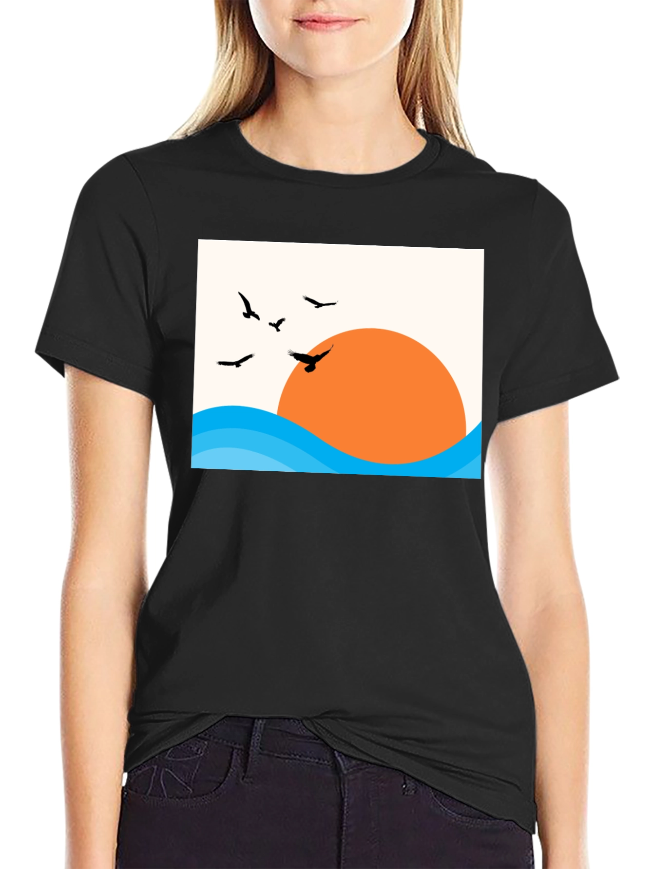 Sunset Birds Graphic Tee - Casual Black T-Shirt