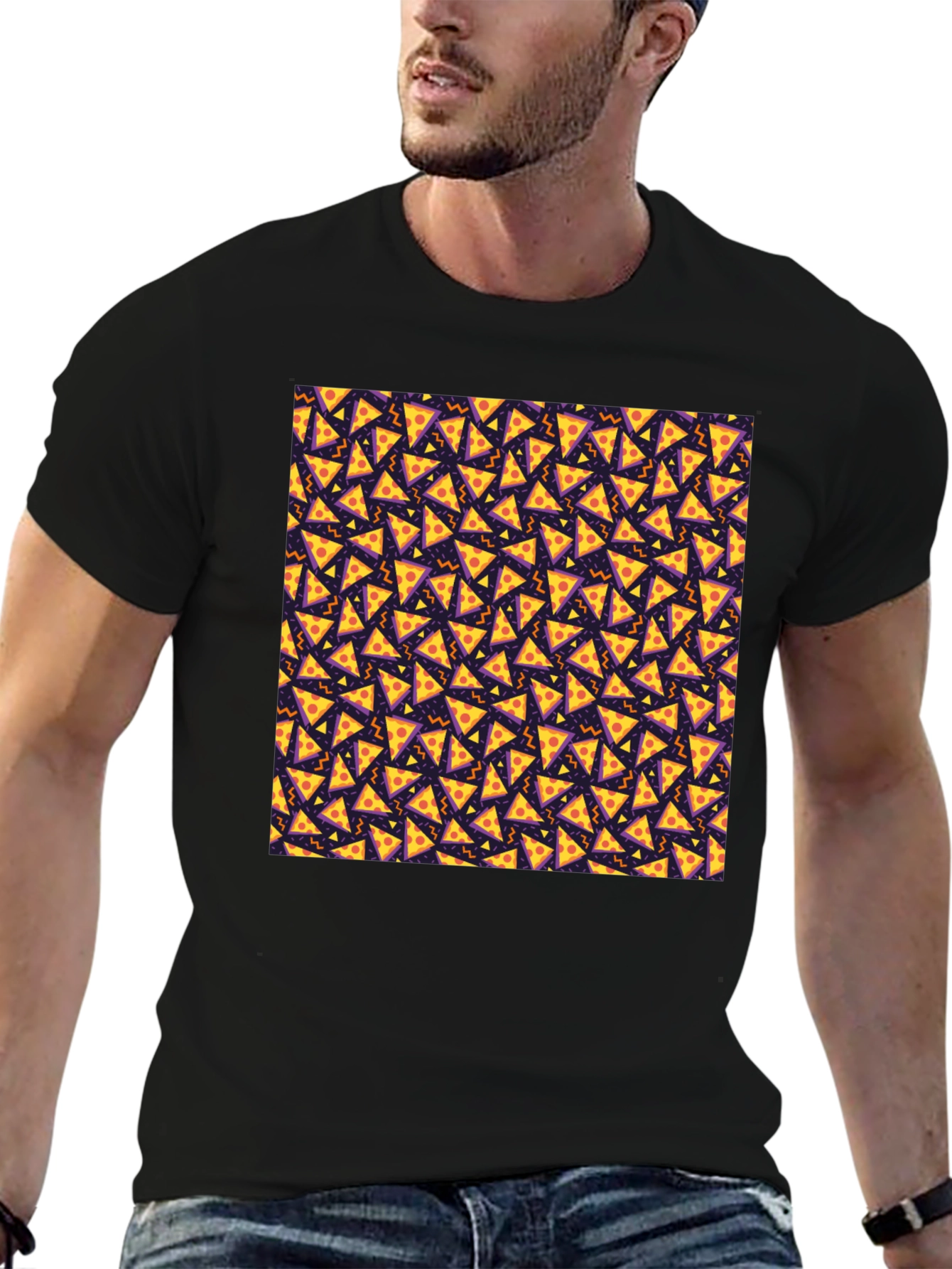 Pizza Slice Pattern Black T-Shirt
