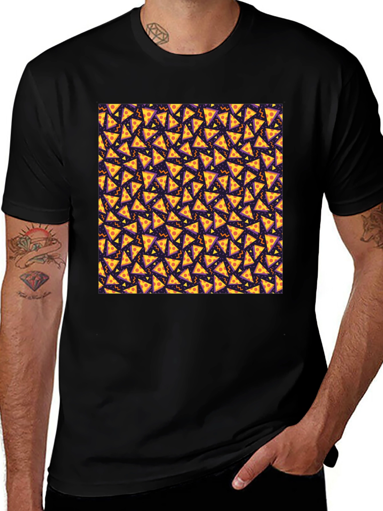 Pizza Slice Pattern Black T-Shirt