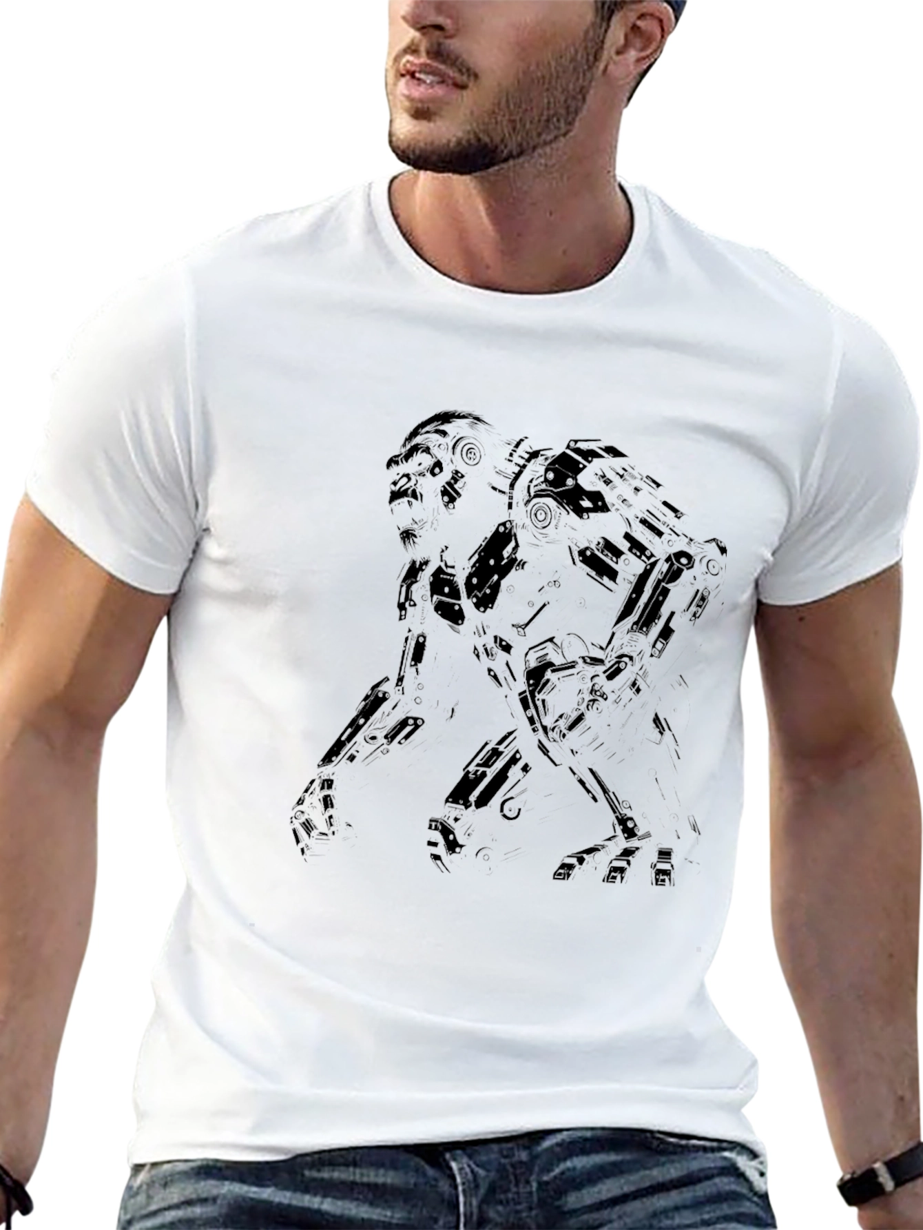 Mens Black Robot Graphic Tee - Sci-Fi Style T-Shirt
