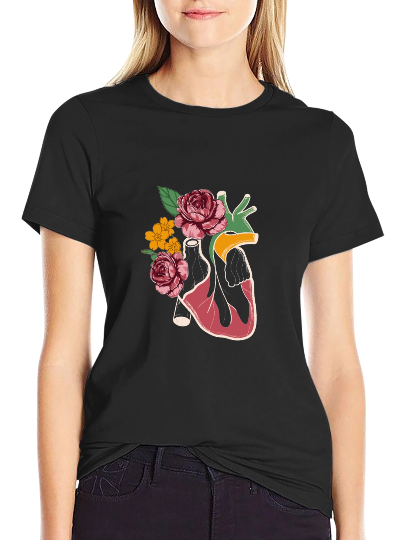 Floral Heart Graphic T-Shirt - Stylish Anatomy Tee