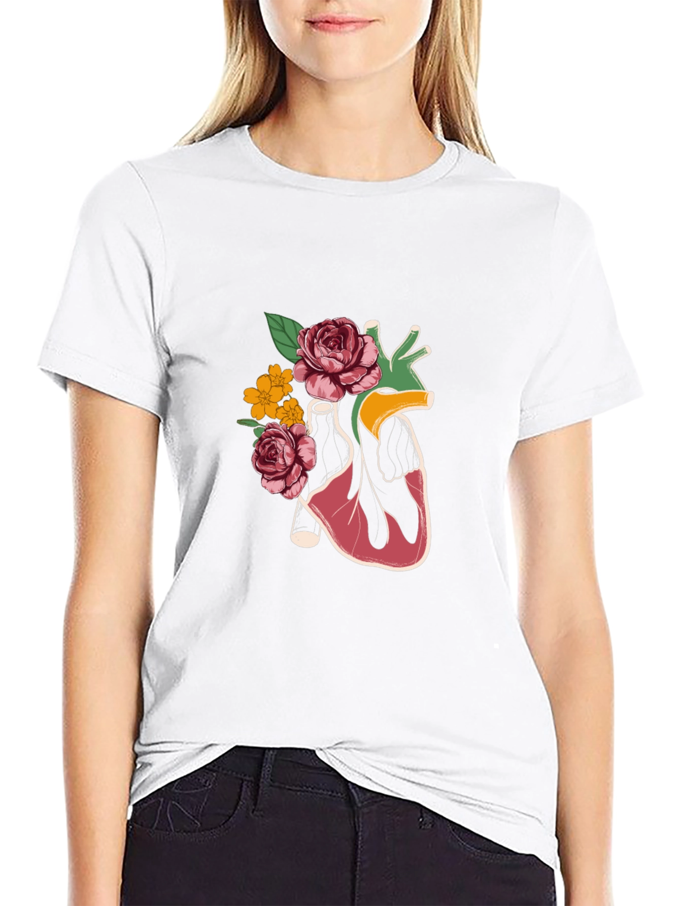 Floral Heart Graphic T-Shirt - Stylish Anatomy Tee
