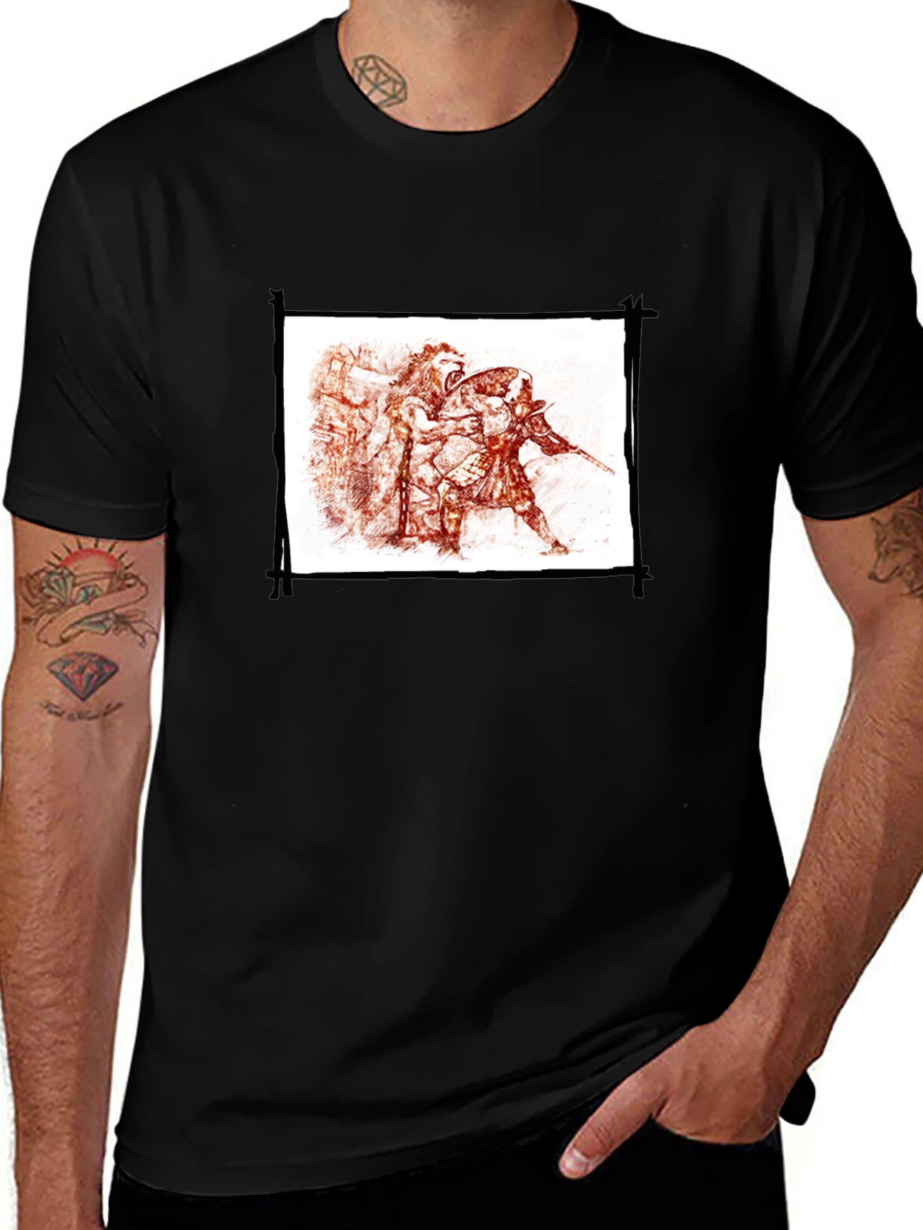 Mens Black Graphic Tee - Warrior Sketch