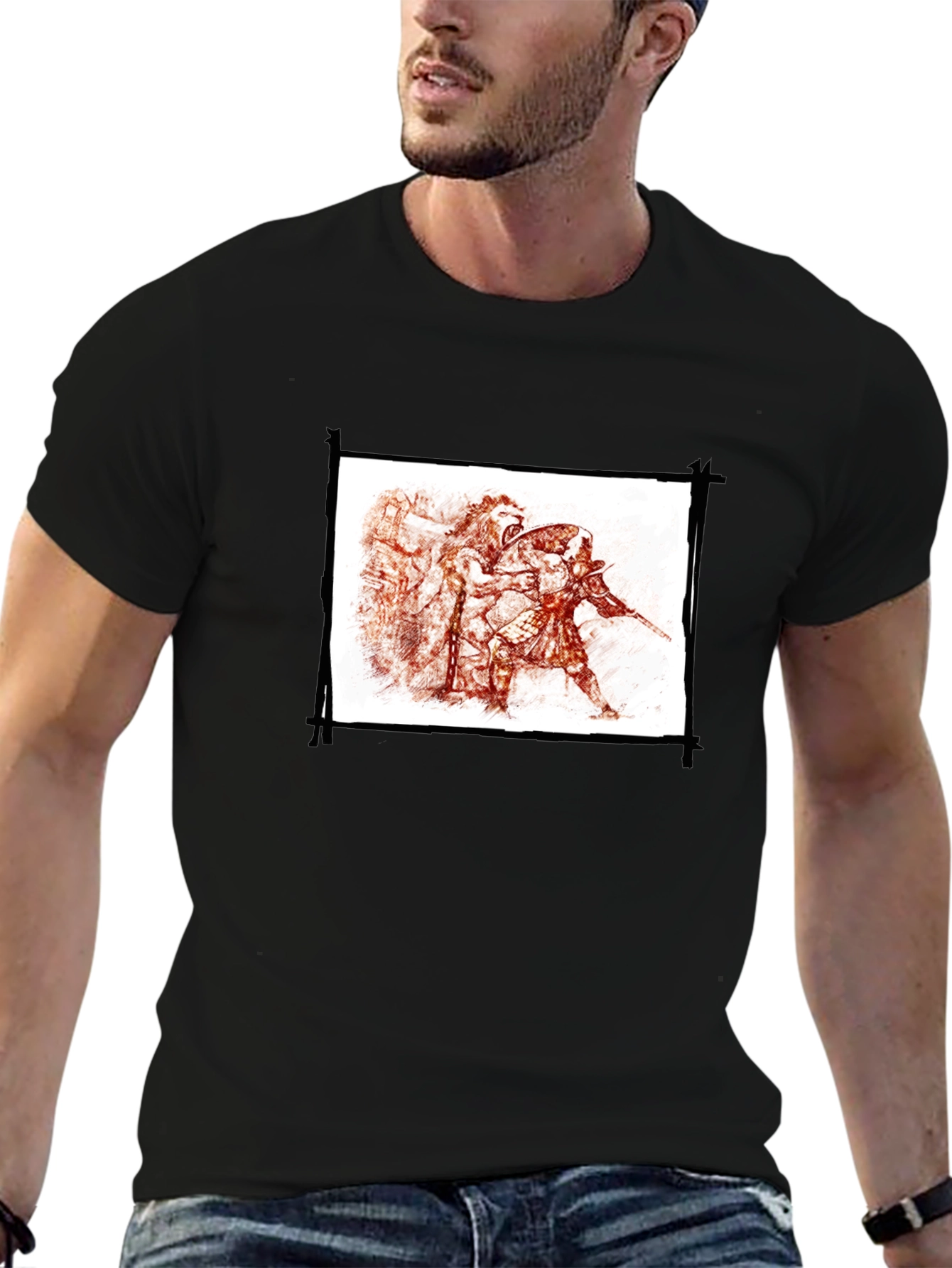 Mens Black Graphic Tee - Warrior Sketch