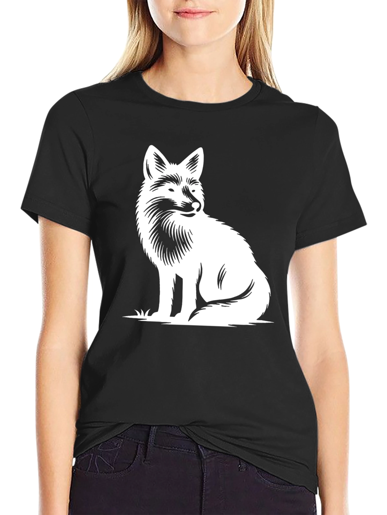 Mens Black T-Shirt with White Fox Design