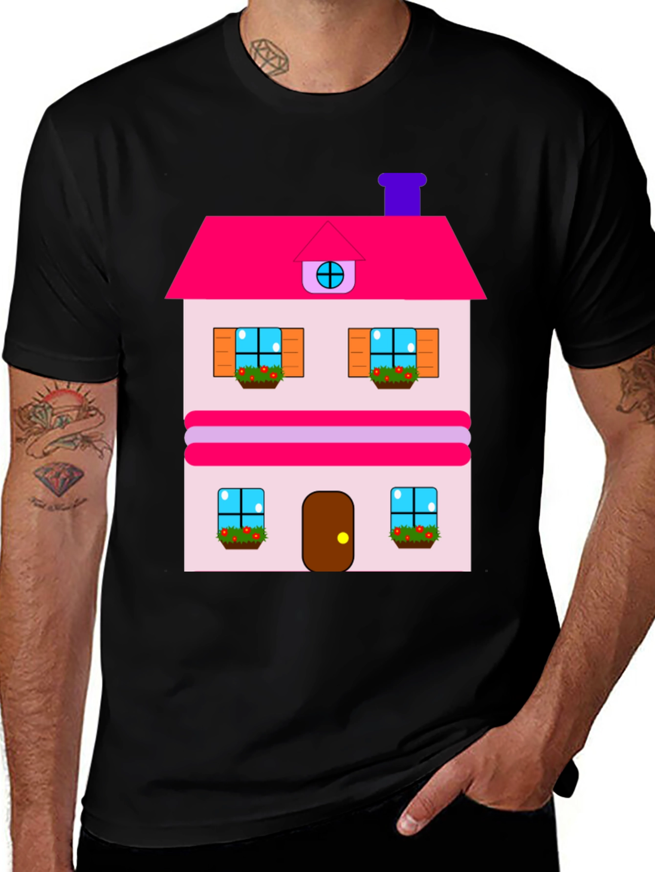 Whimsical House Print Tee - Black Cotton Blend