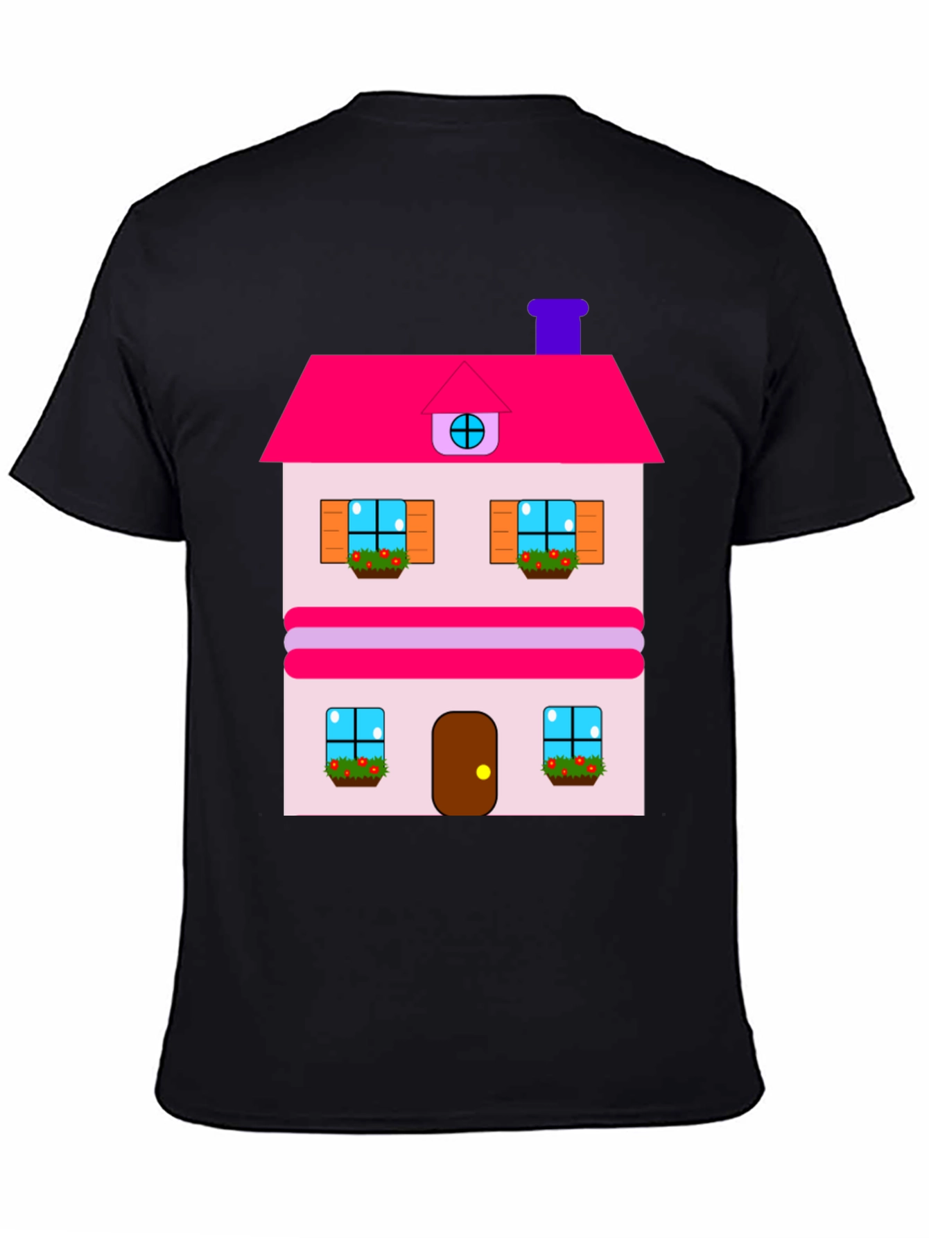 Whimsical House Print Tee - Black Cotton Blend